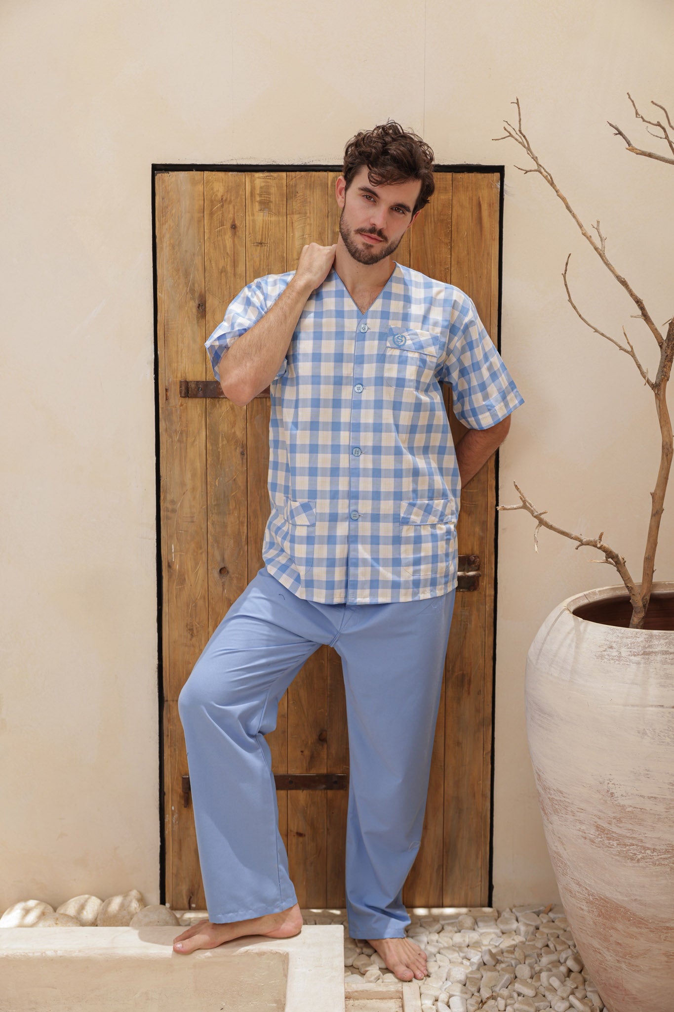 بيجاما سلاحي كلاسيك كاروه بنطلون ساده