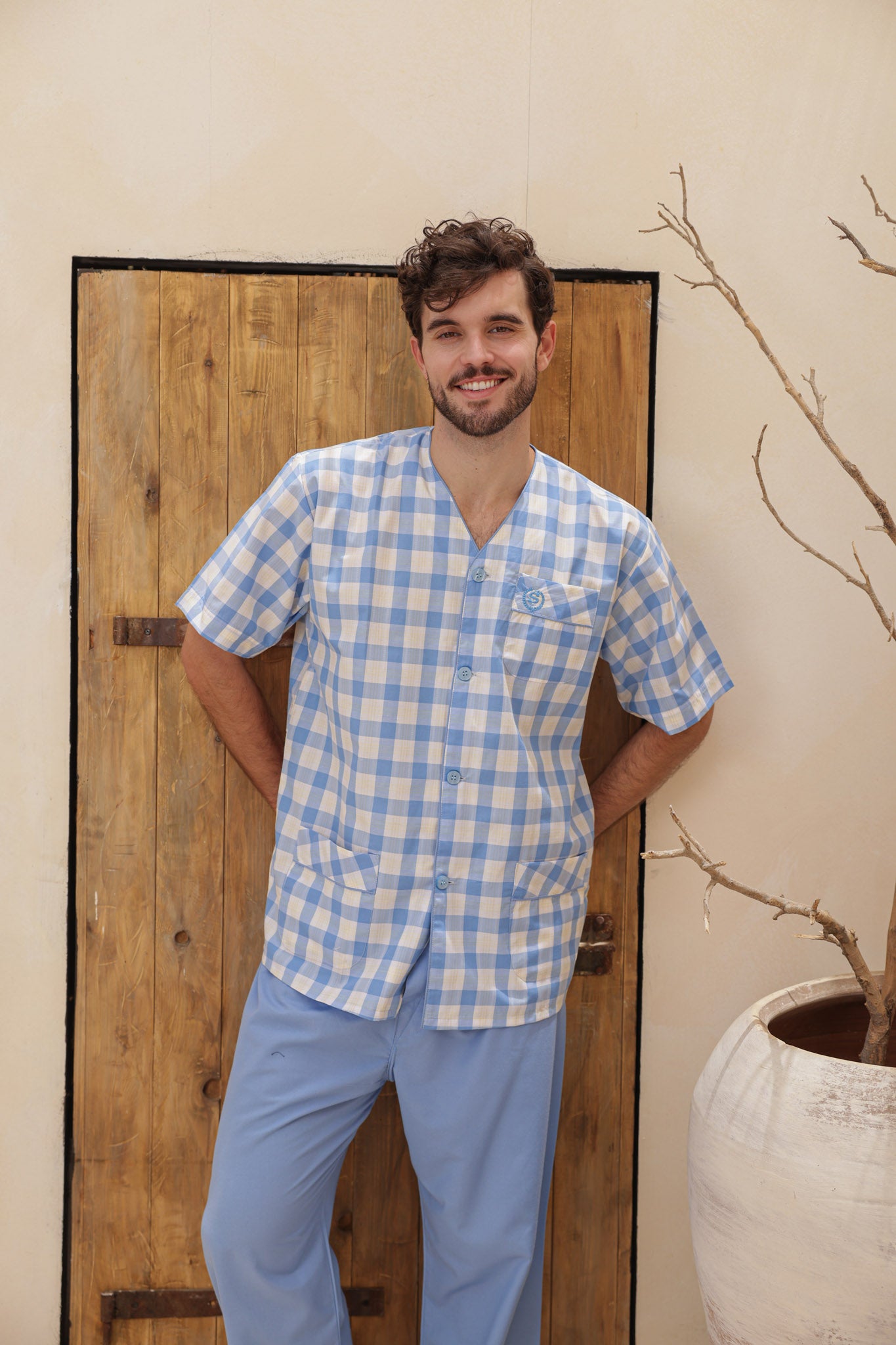 بيجاما سلاحي كلاسيك كاروه بنطلون ساده