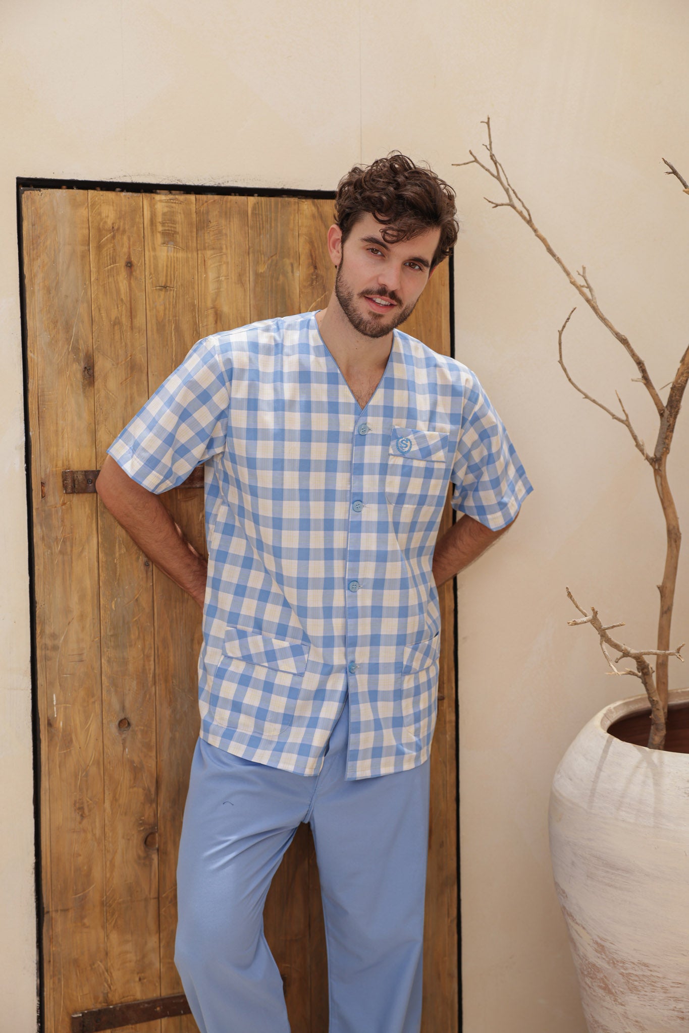 بيجاما سلاحي كلاسيك كاروه بنطلون ساده