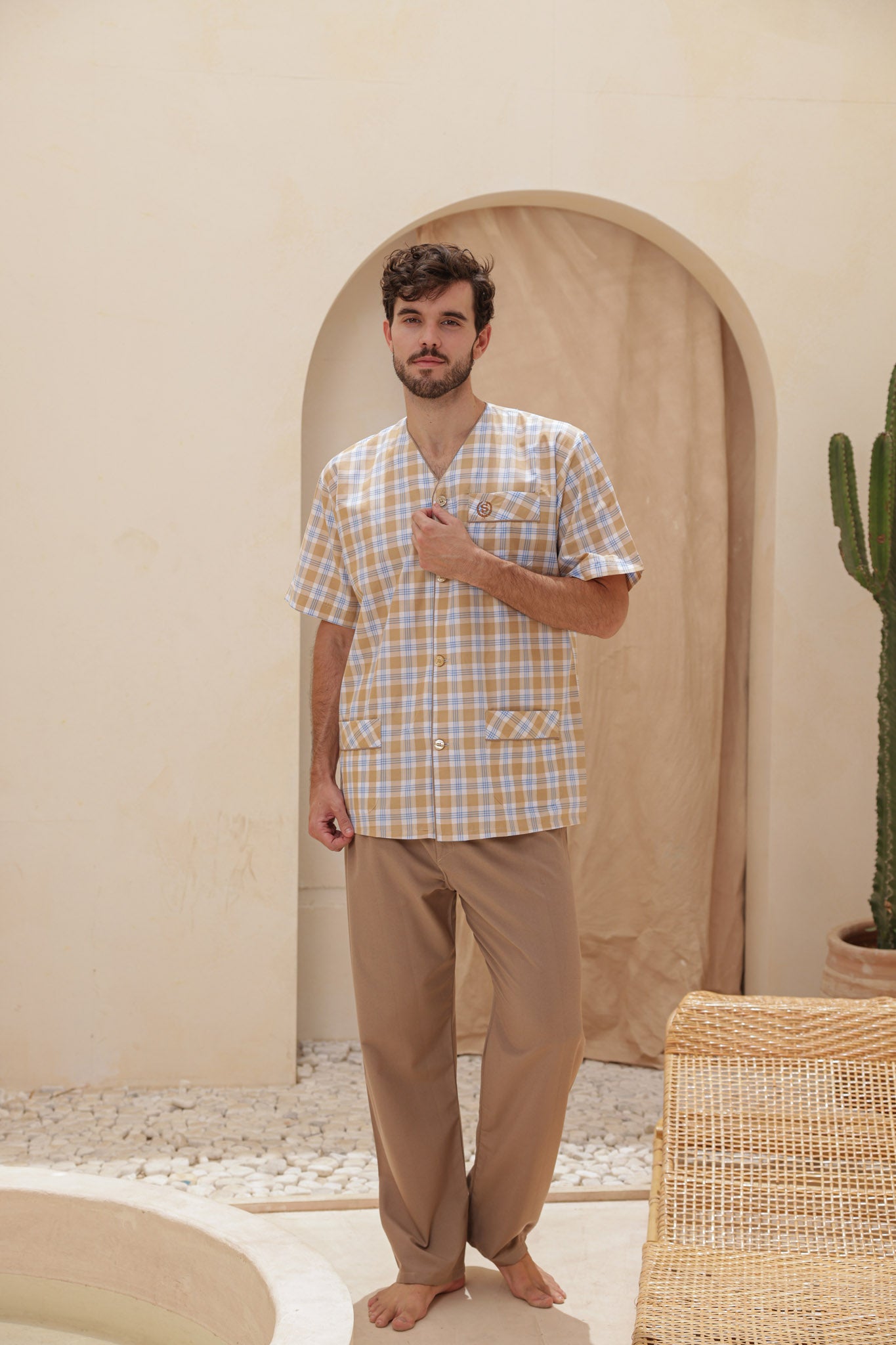 بيجاما سلاحي كلاسيك كاروه بنطلون ساده