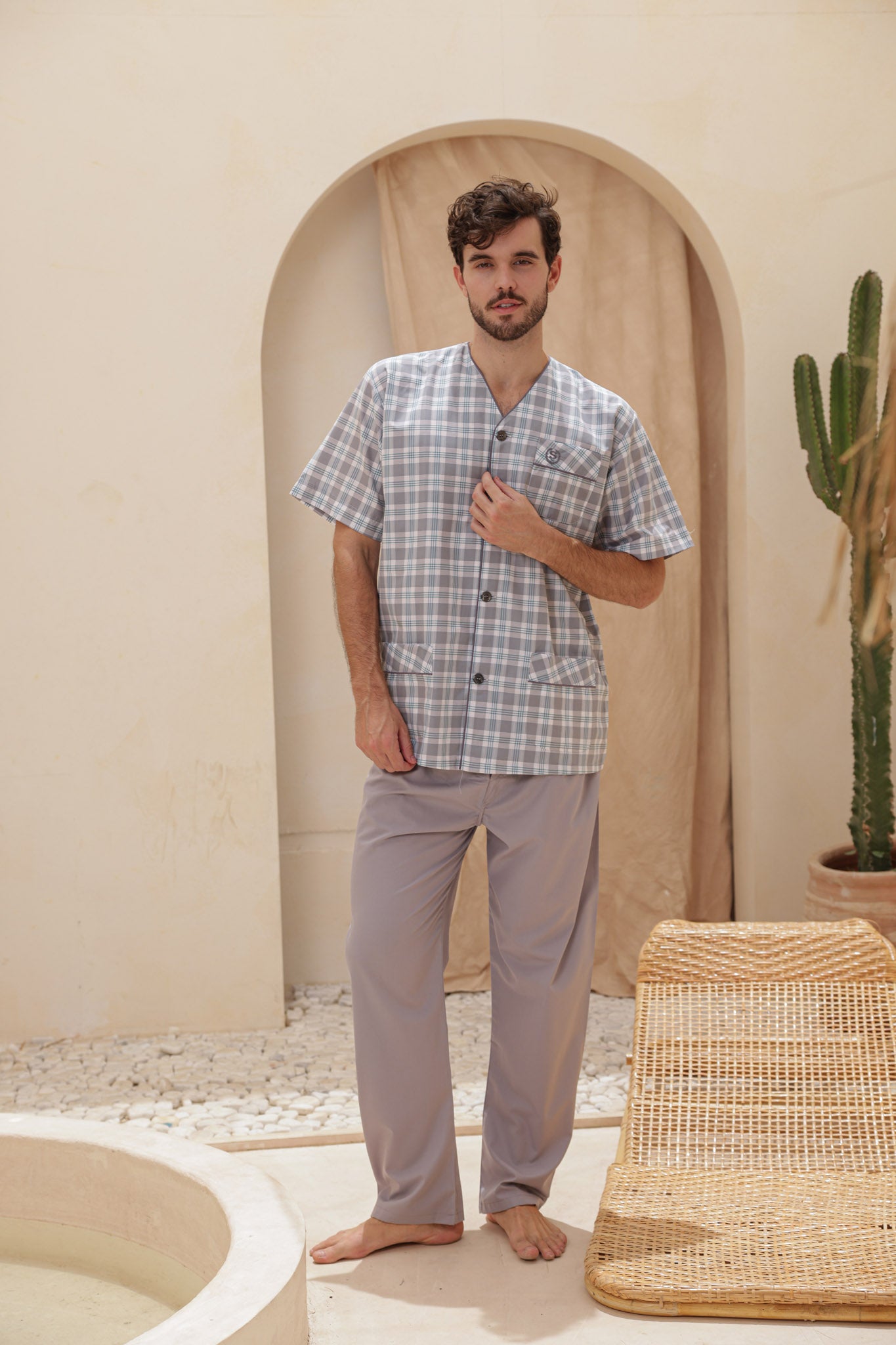 بيجاما سلاحي كلاسيك كاروه بنطلون ساده