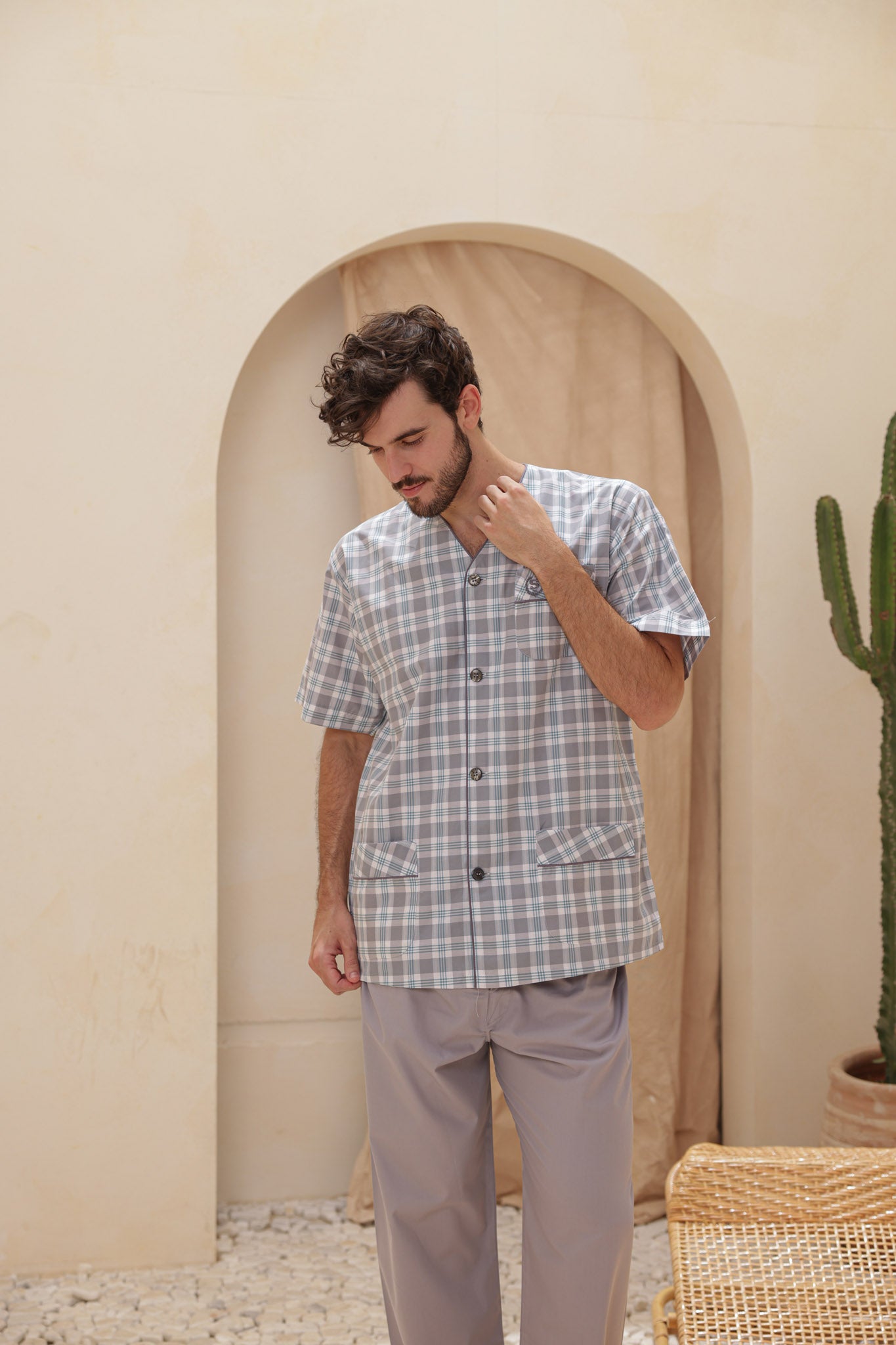 بيجاما سلاحي كلاسيك كاروه بنطلون ساده