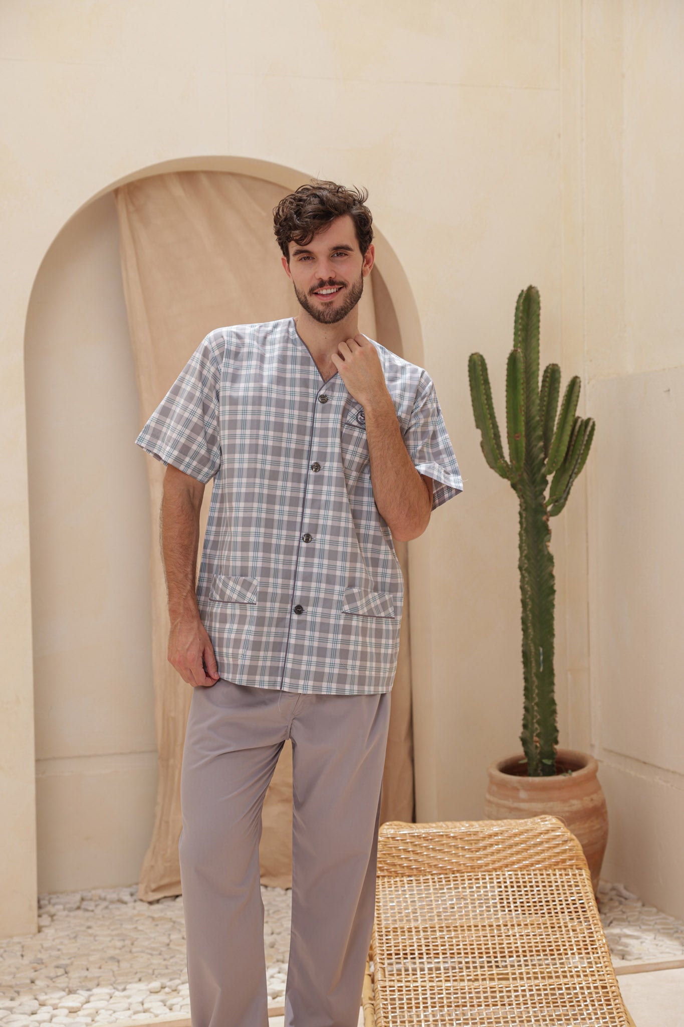 بيجاما سلاحي كلاسيك كاروه بنطلون ساده