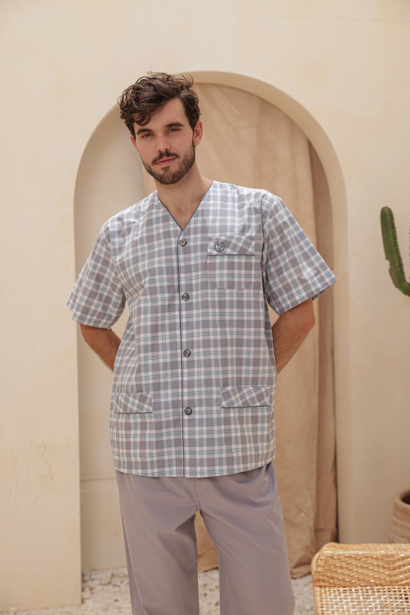 بيجاما سلاحي كلاسيك كاروه بنطلون ساده