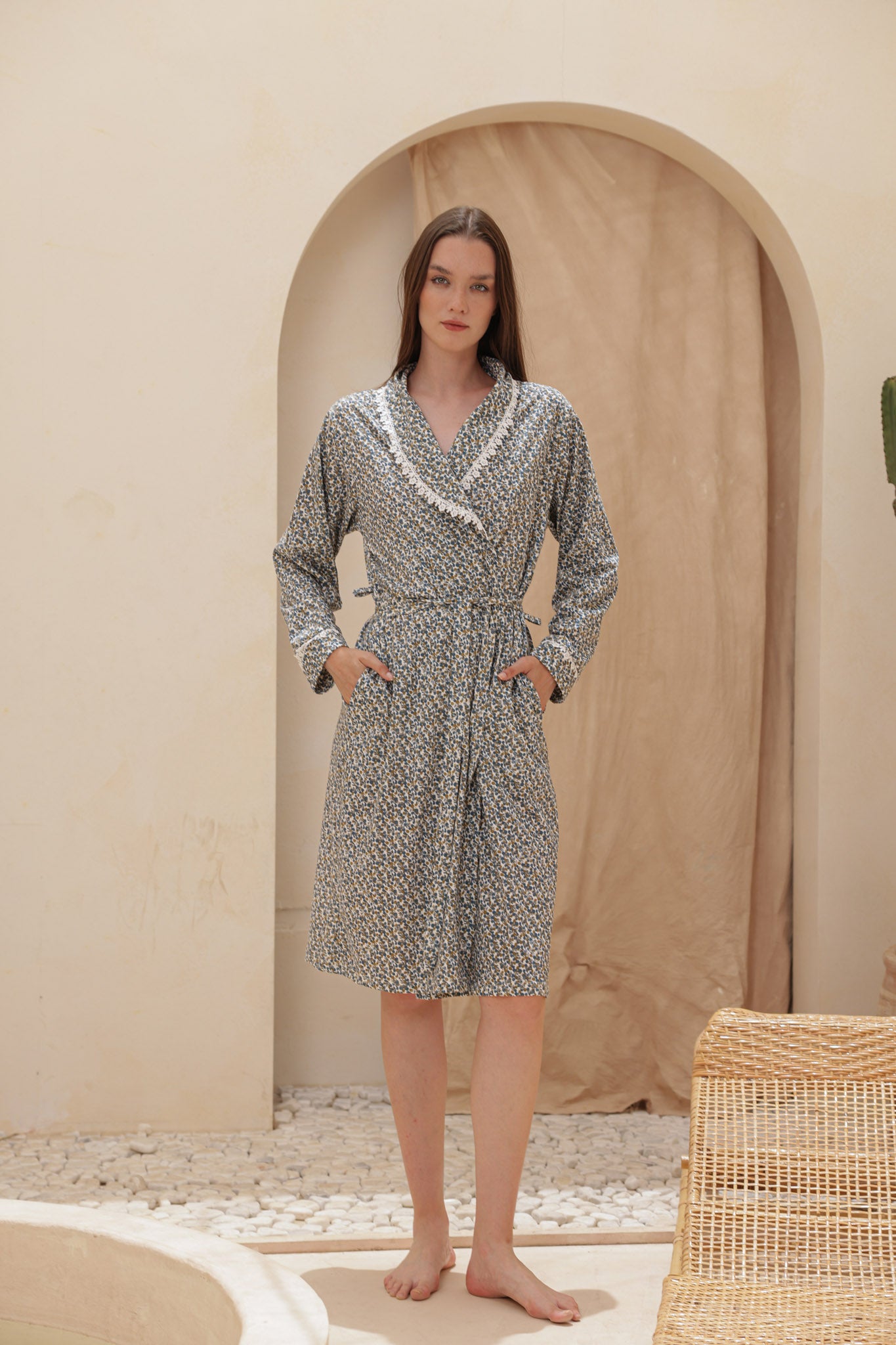 روب حريمي قطن صيفي قصير مطبوع روتاري