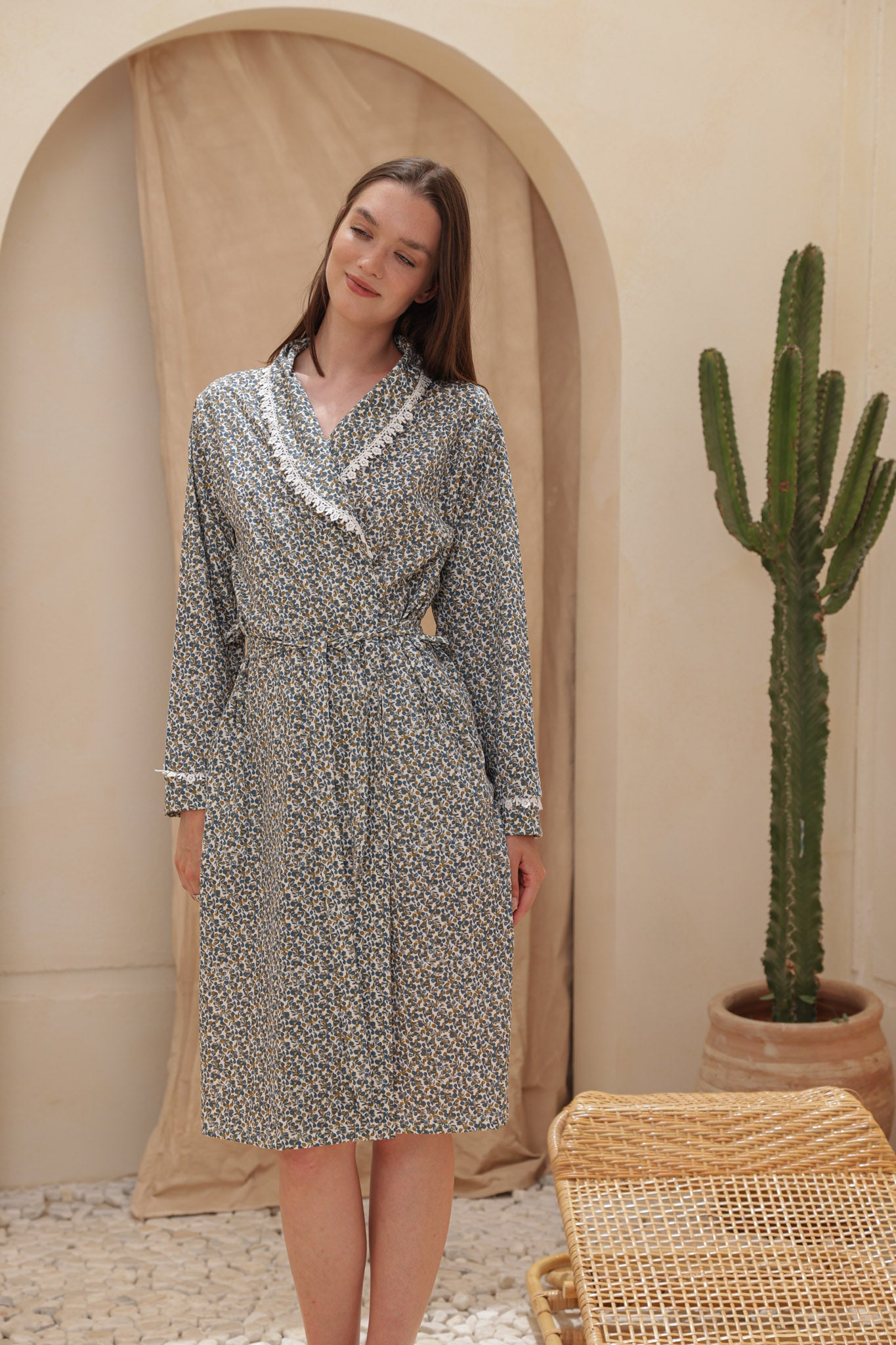 روب حريمي قطن صيفي قصير مطبوع روتاري