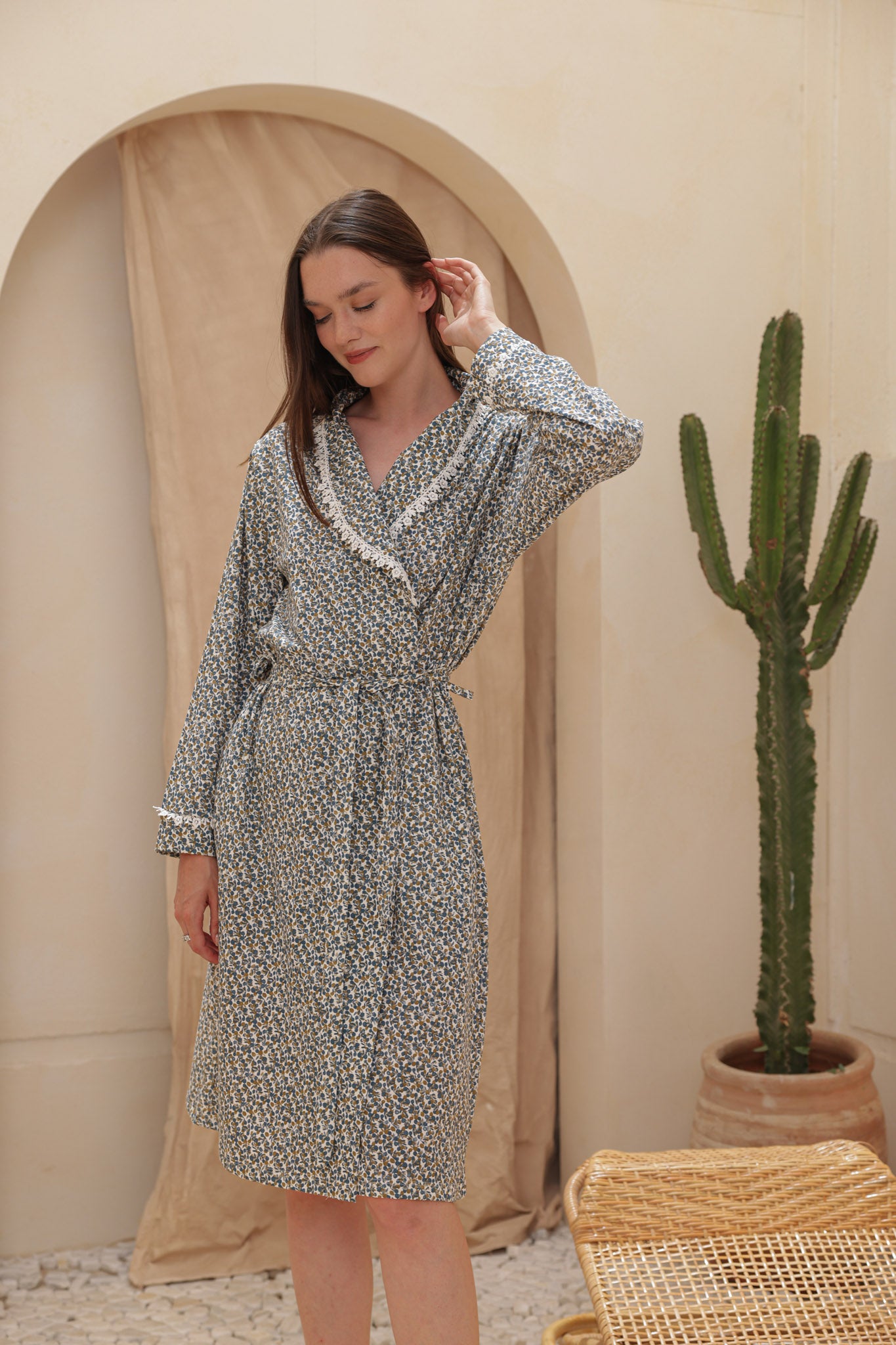 روب حريمي قطن صيفي قصير مطبوع روتاري