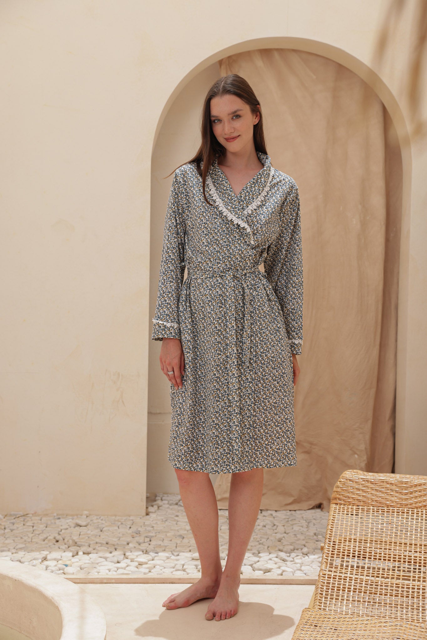 روب حريمي قطن صيفي قصير مطبوع روتاري