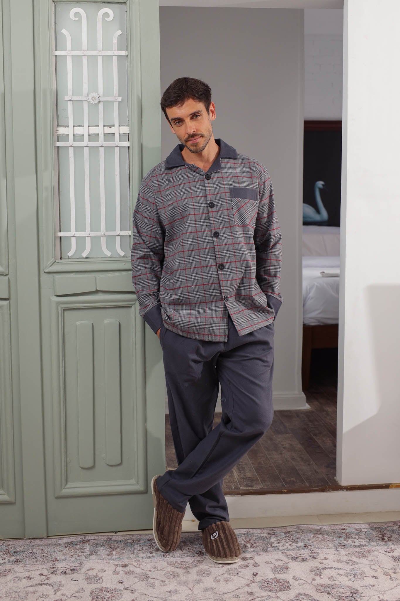 بيجاما كلاسيك صوف كاروه بنطلون ساده