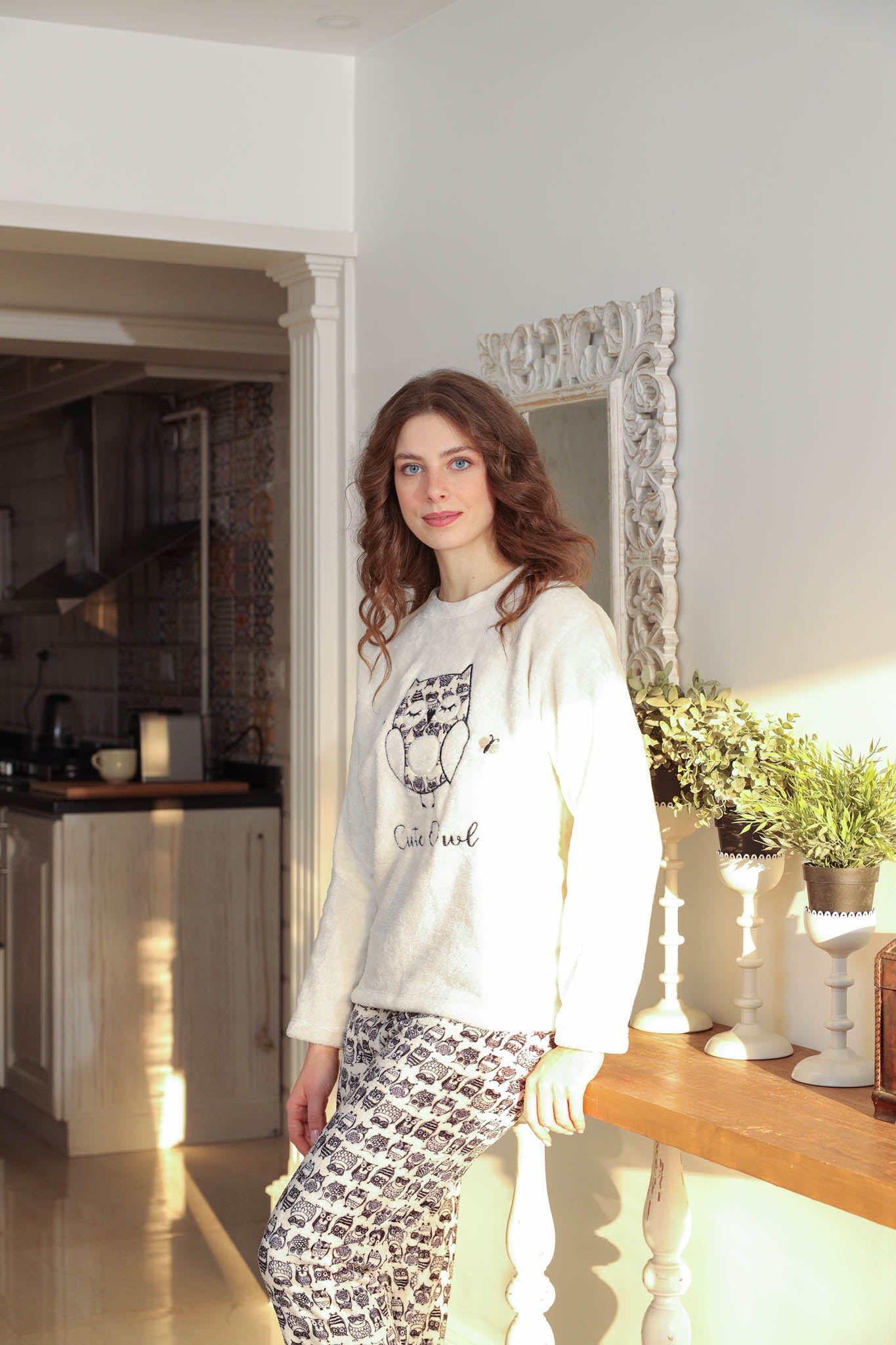 بيجاما بولار مطرز cute one بنطلون مطبوع روتاري