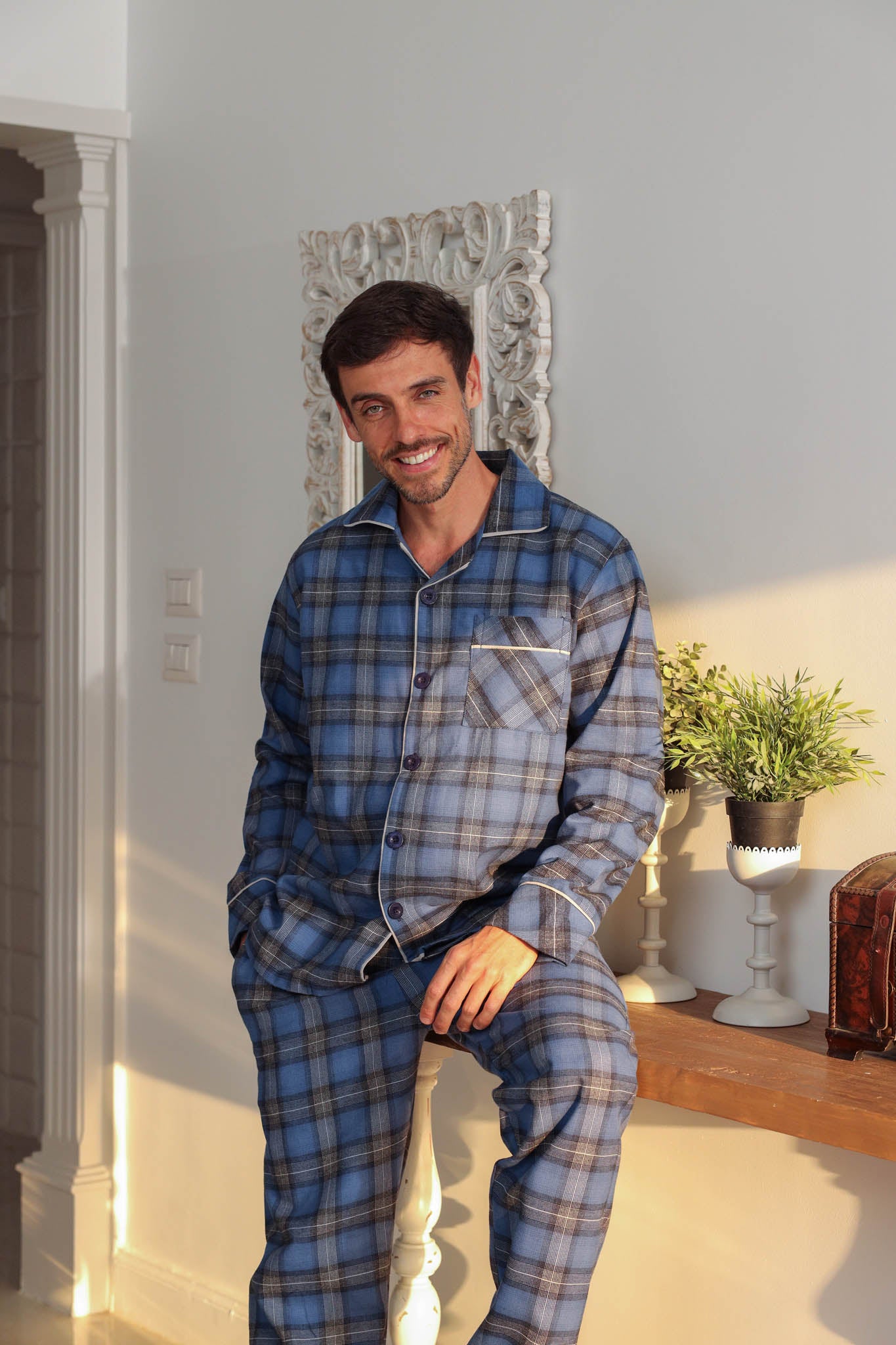 بيجاما كلاسيك بزراير كاروهات بنطلون كاروه