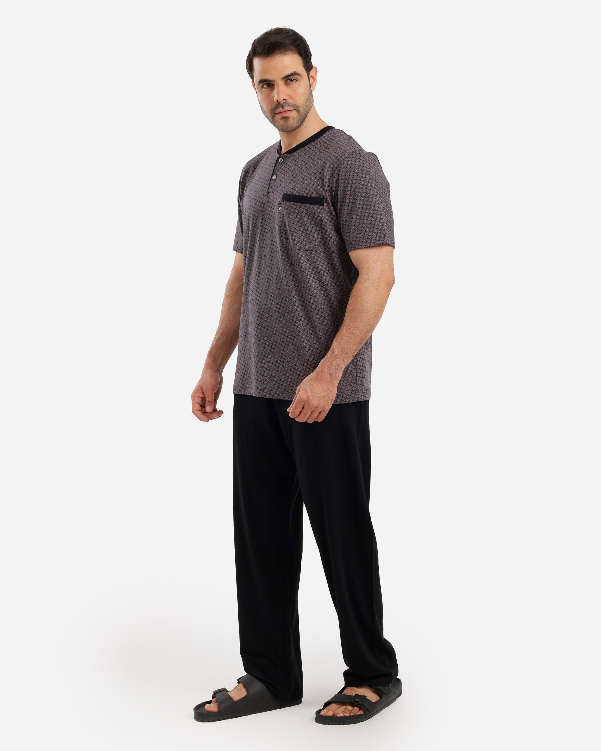 بيجاما نص كم مصبوغ مطبوع بنطلون ساده