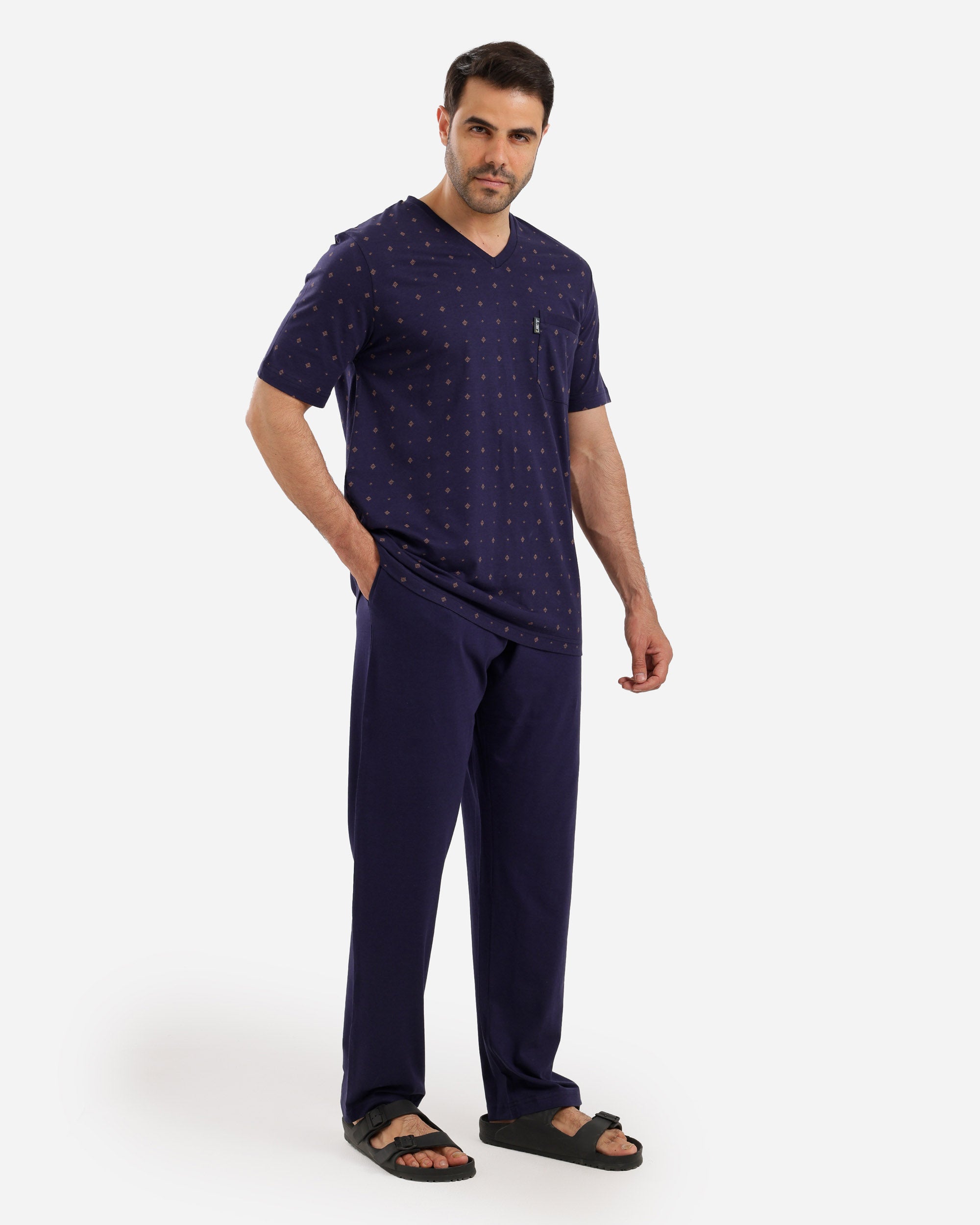 بيجاما نص كم مصبوع مطبوع بنطلون ساده