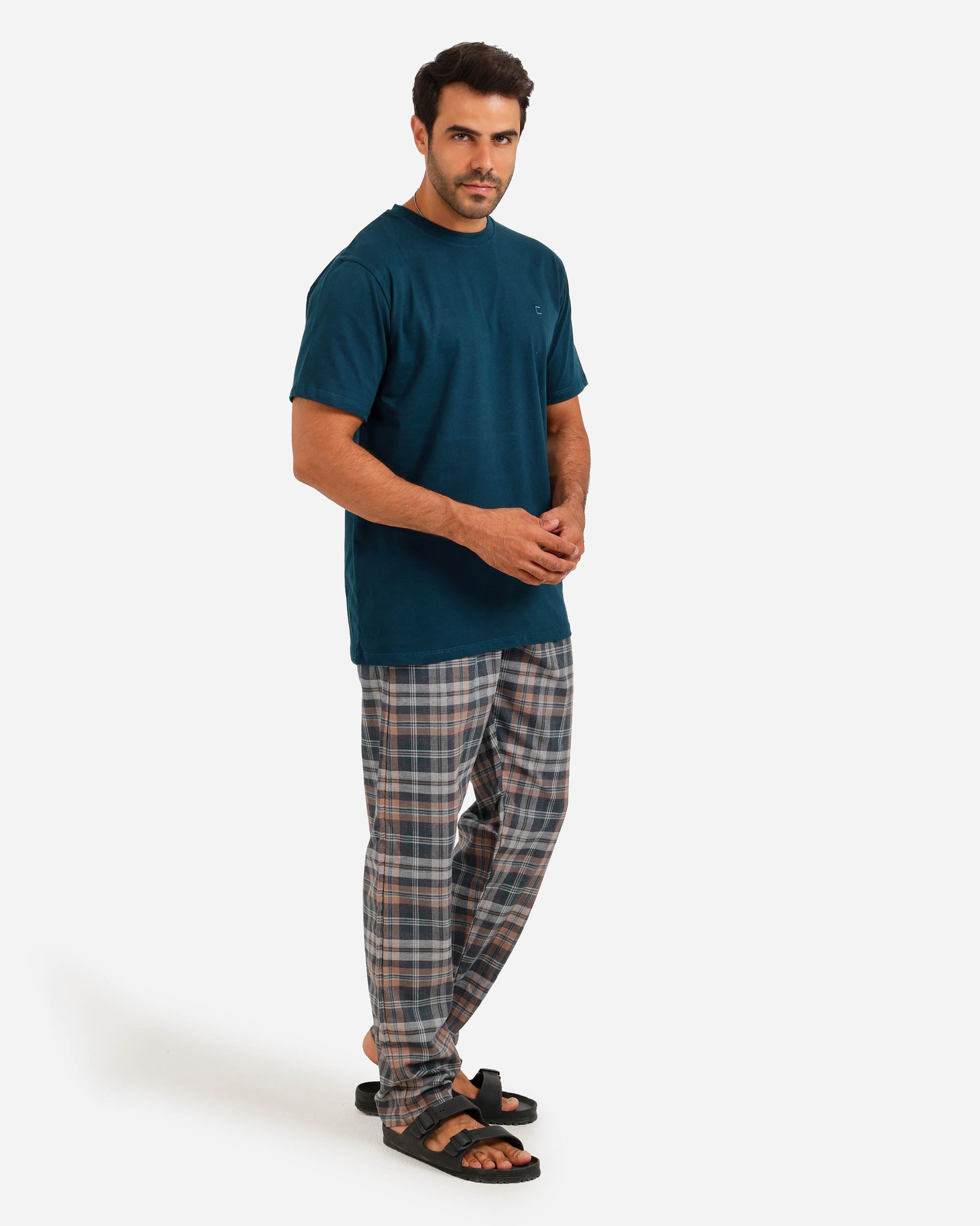 بيجاما نص كم ساده بنطلون كاروهات