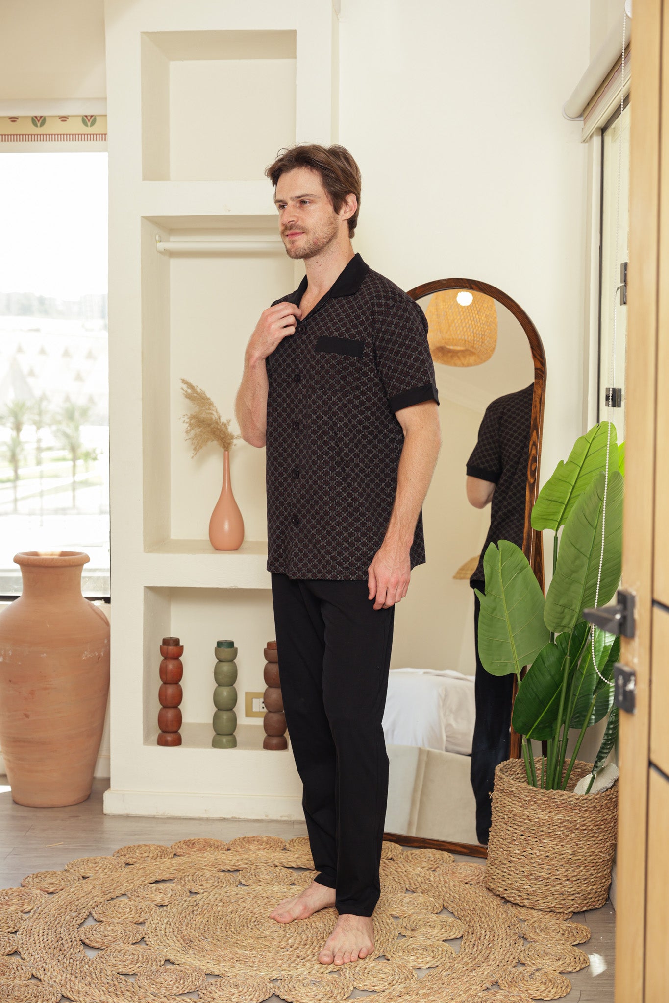 بيجاما كلاسيك بزراير مطبوع بنطلون ساده