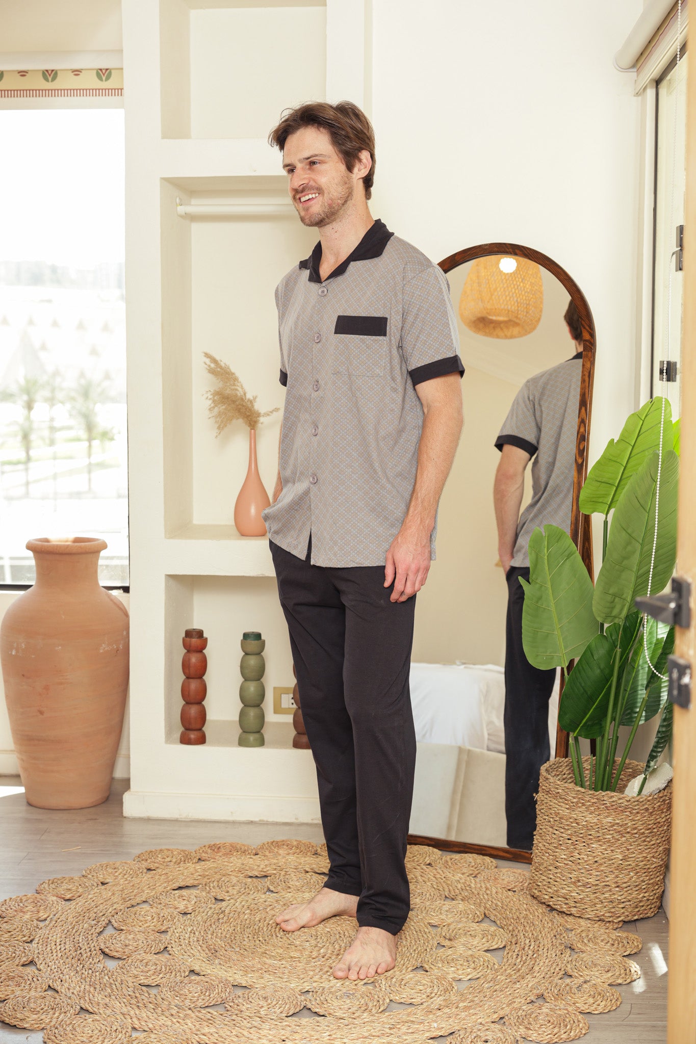 بيجاما كلاسيك بزراير مطبوع بنطلون ساده