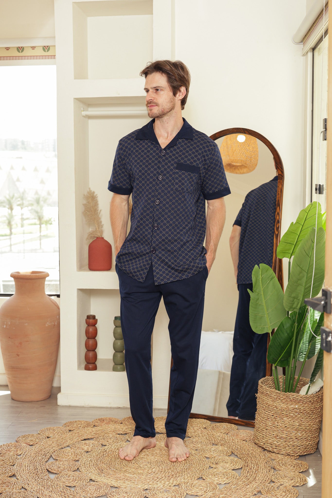 بيجاما كلاسيك بزراير مطبوع بنطلون ساده