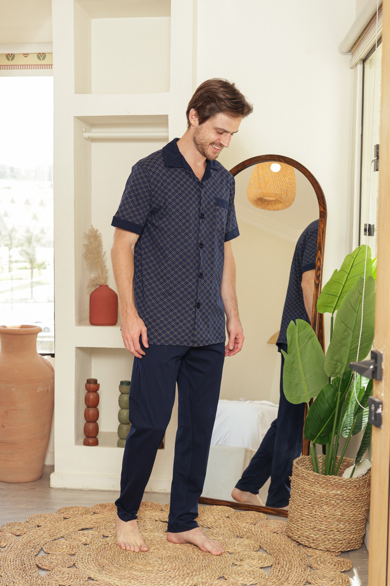 بيجاما كلاسيك بزراير مطبوع بنطلون ساده