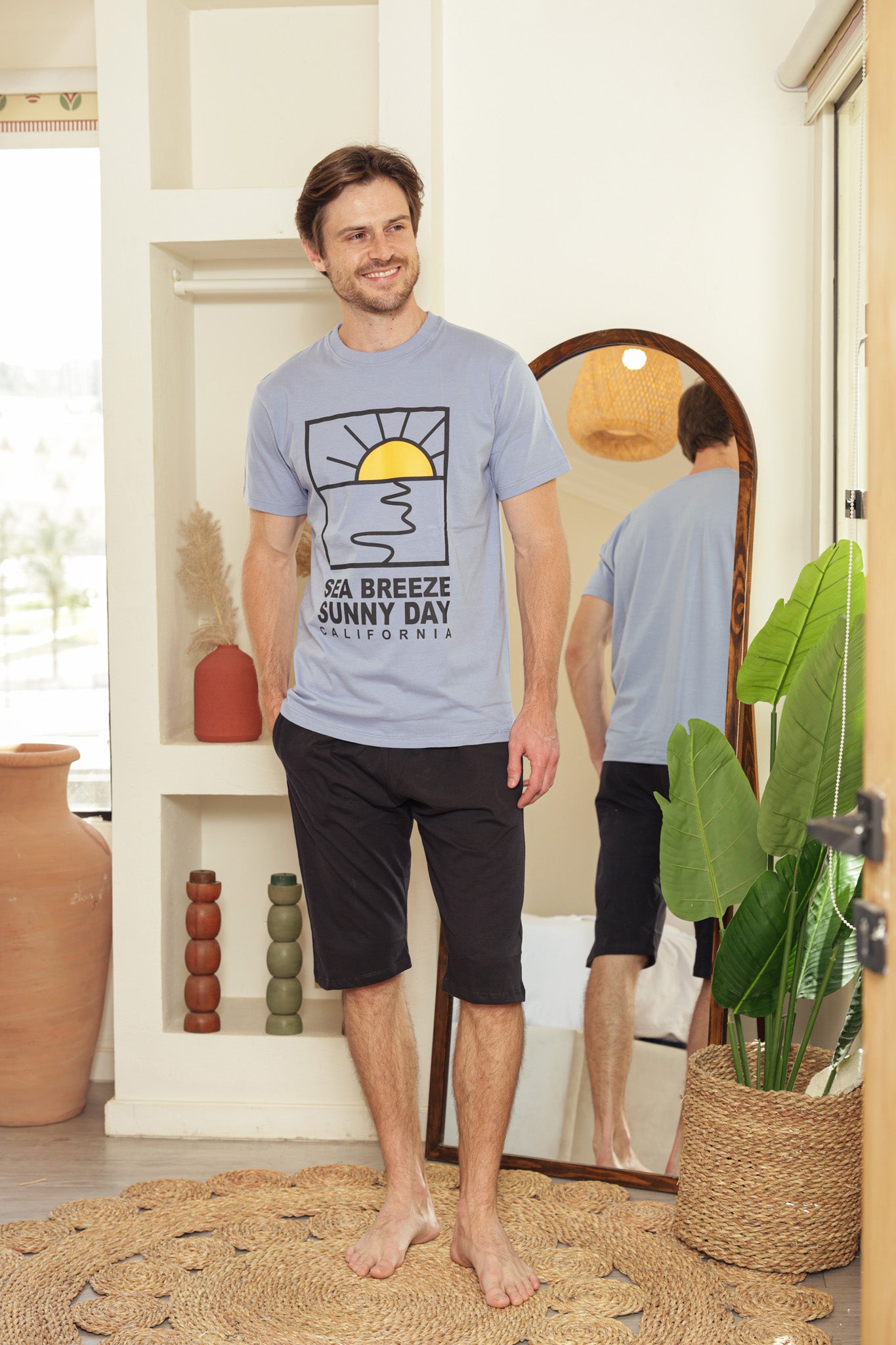 بيجاما نص كم شورت طويل مطبوع sun