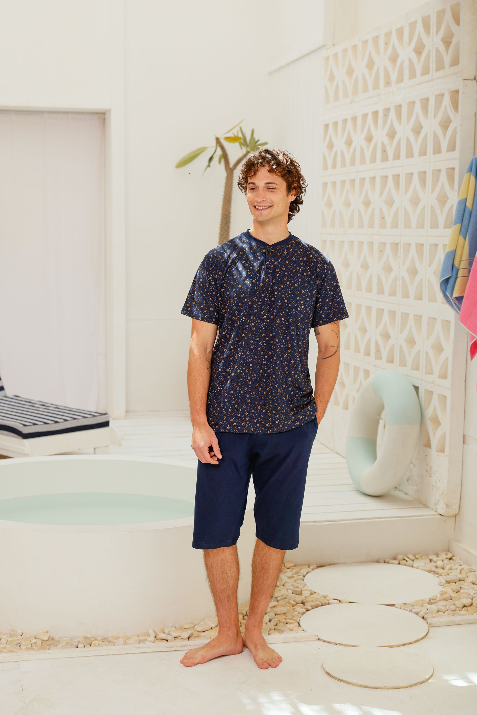 بيجاما نص كم روتاري شورت طويل ساده