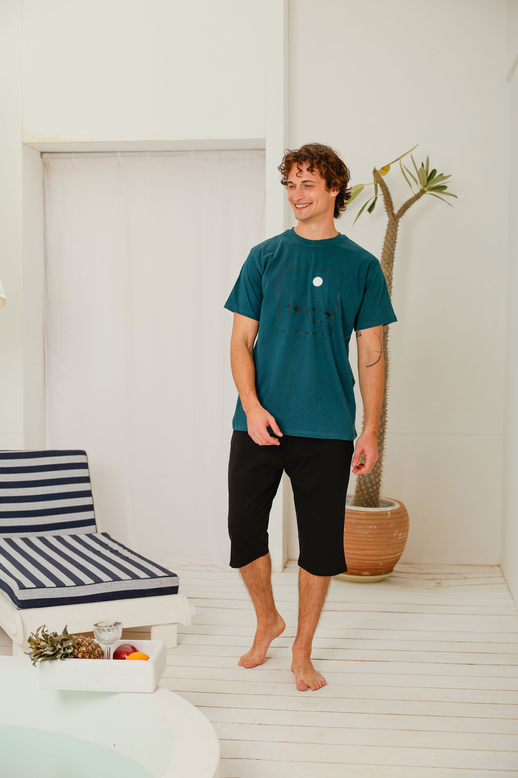 بيجاما نص كم مطبوع شورت طويل ساده