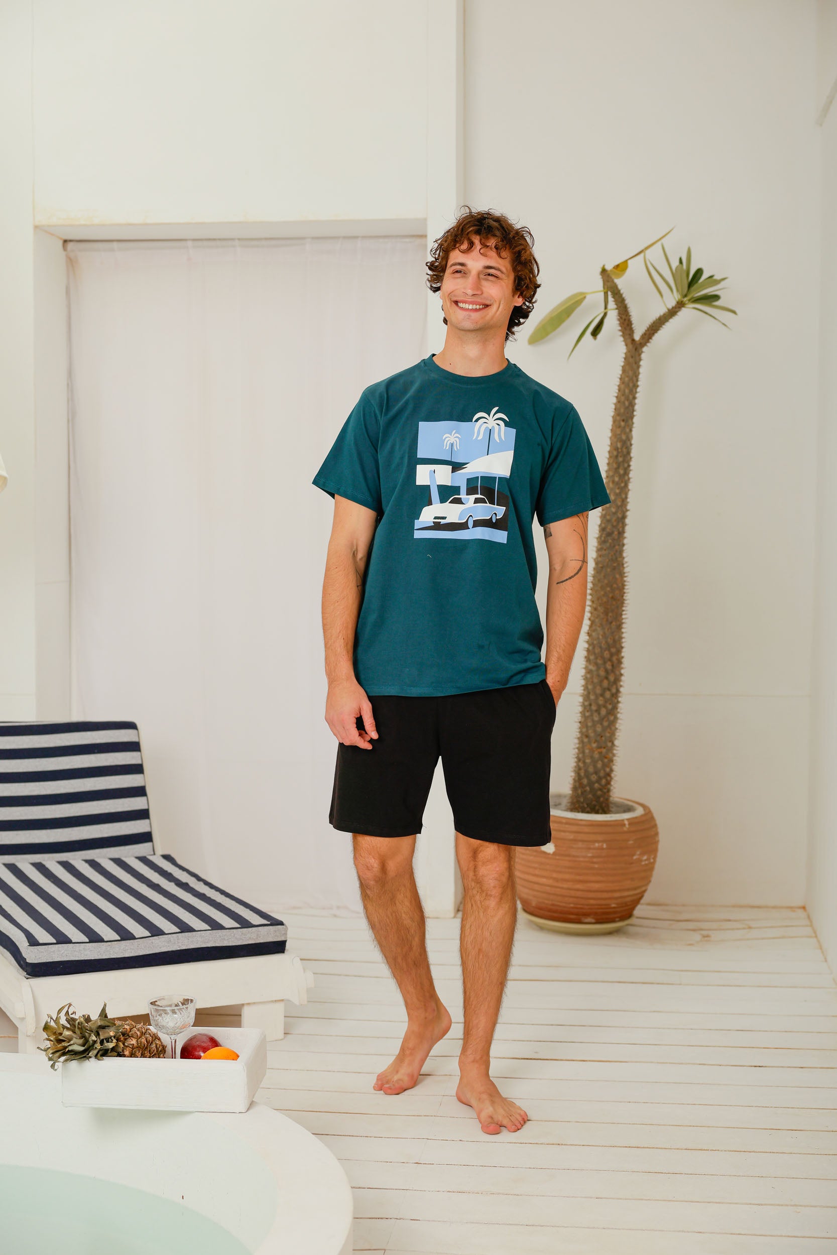 بيجاما نص كم مطبوع شورت ساده