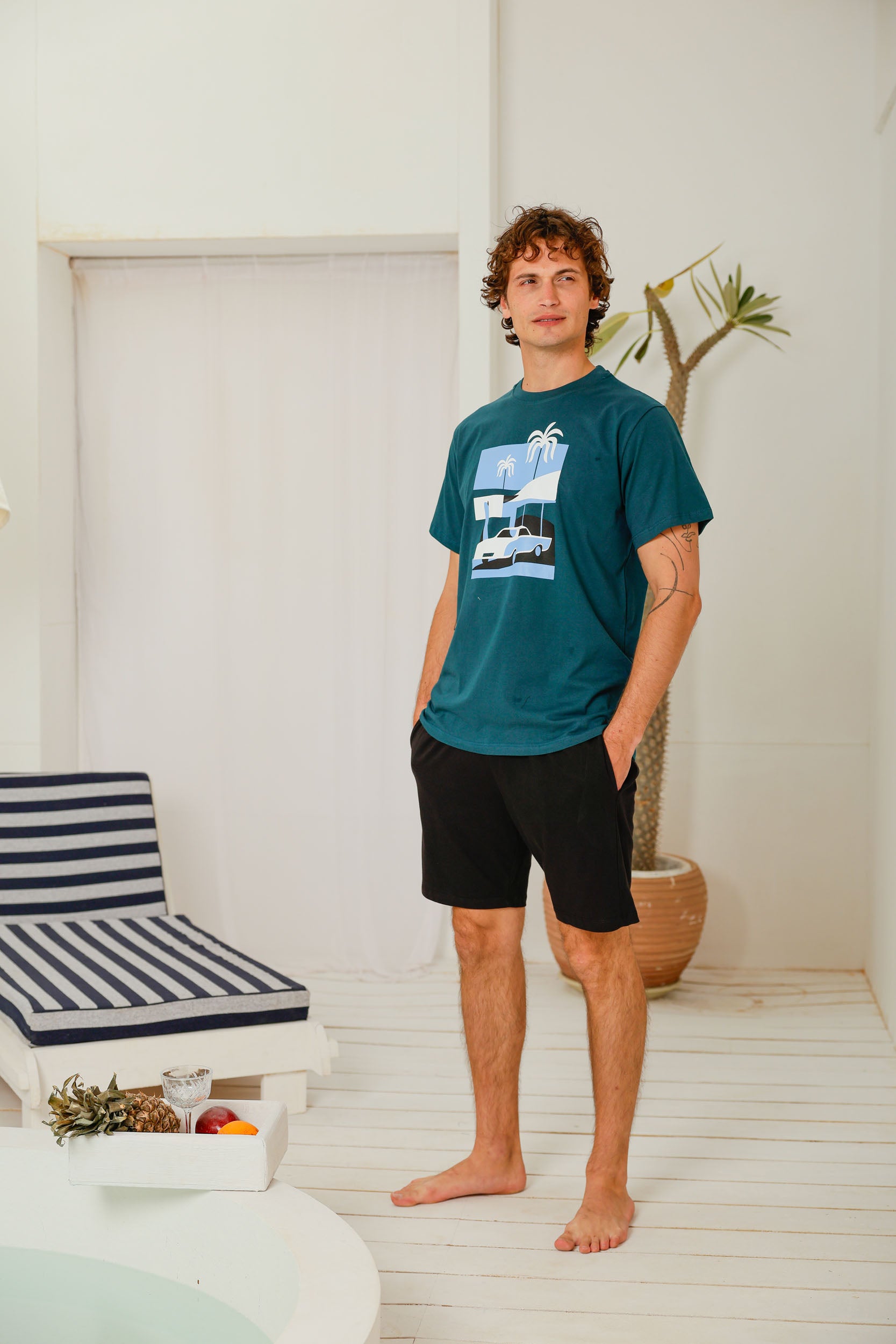 بيجاما نص كم مطبوع شورت ساده