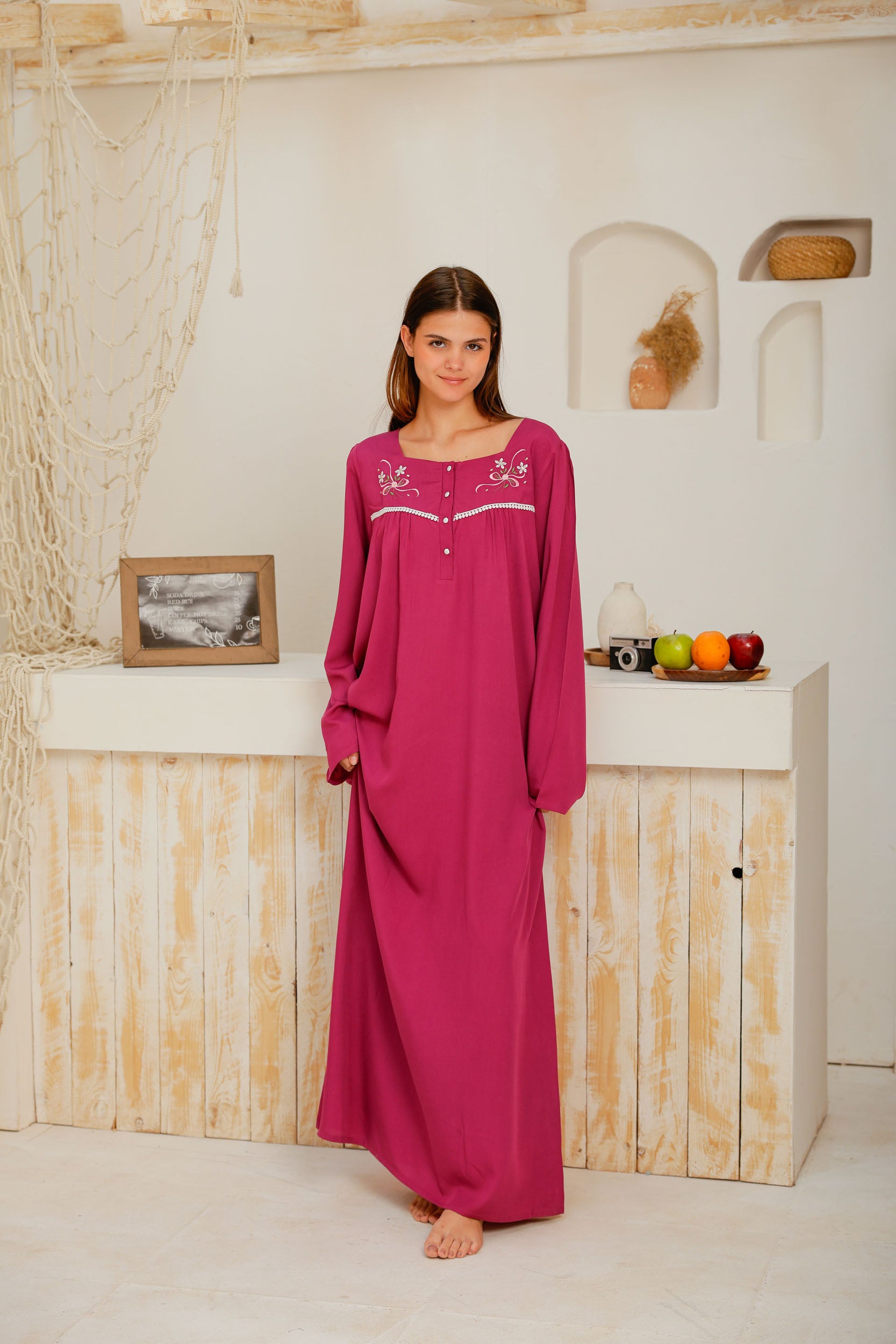 جلباب فسكوز ساده مطرز بسفره وجبير ومرد بكم