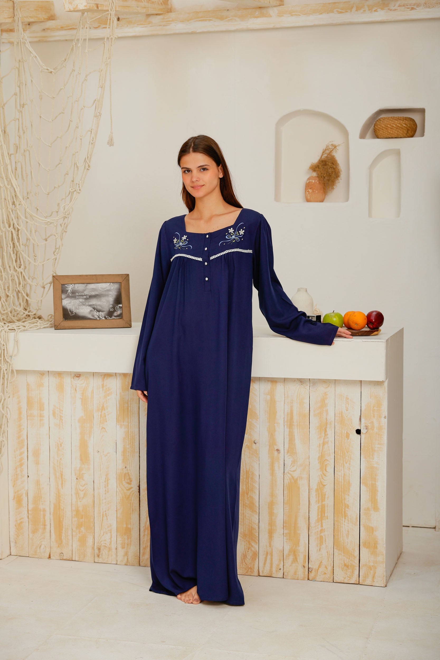 جلباب فسكوز ساده مطرز بسفره وجبير ومرد بكم