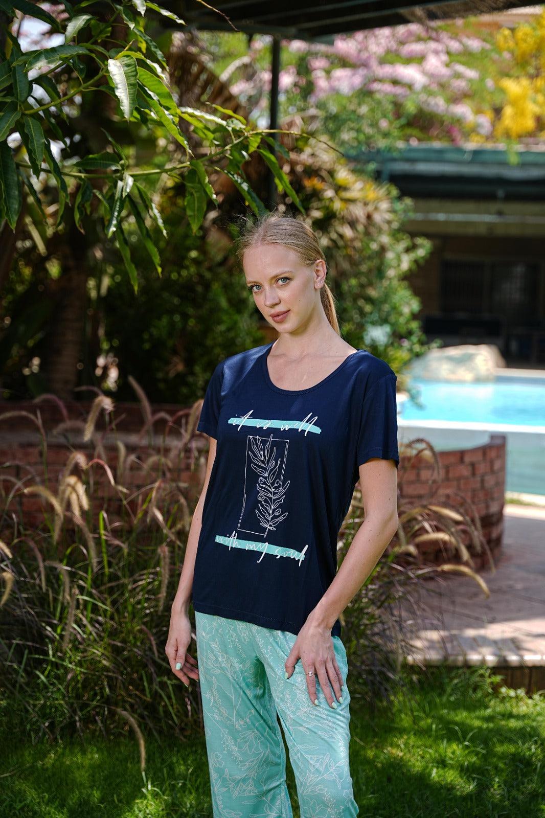 بيجاما نص كم بنطلون مطبوع