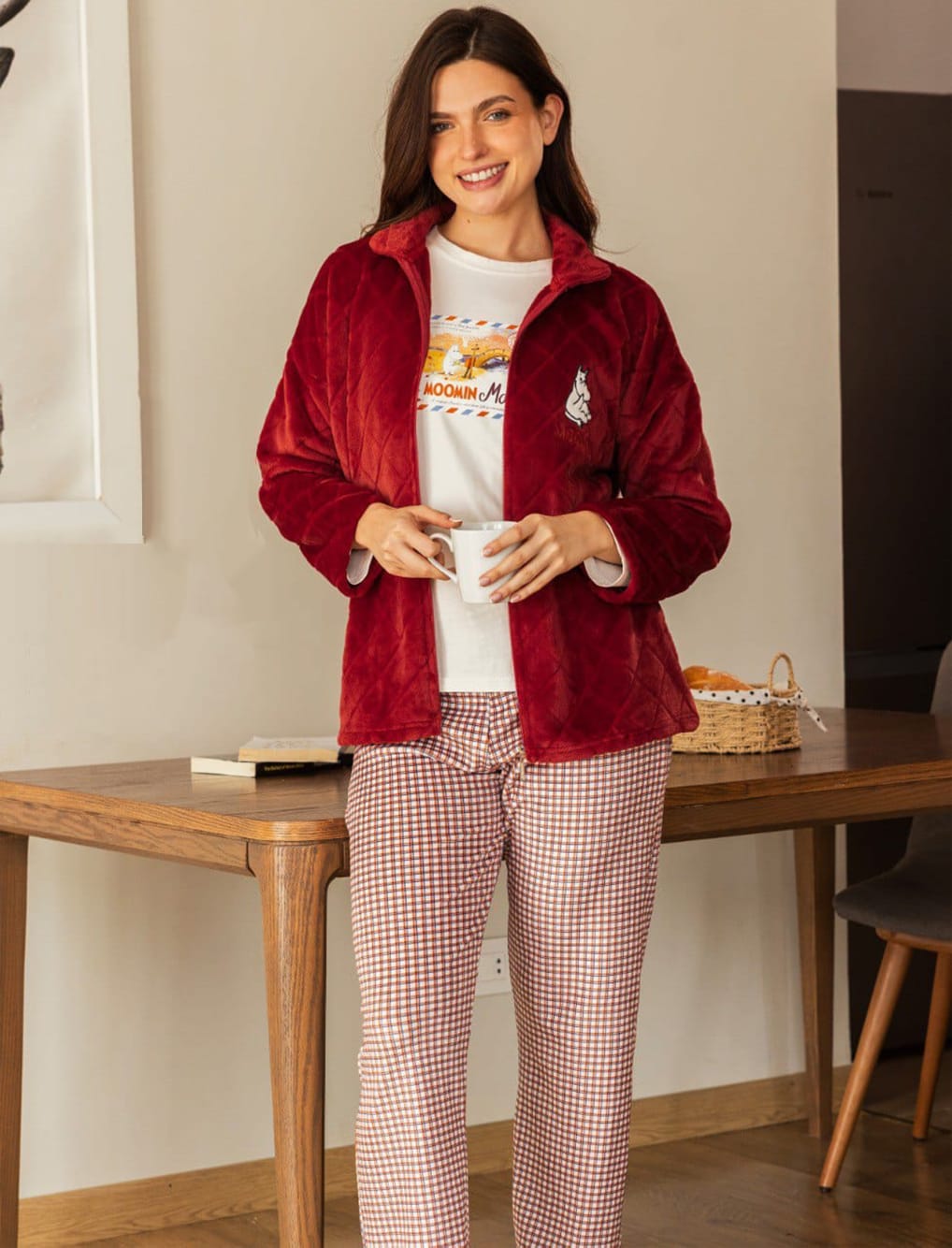 بيجاما حريمي 3 قطع بنطلون كاروهات