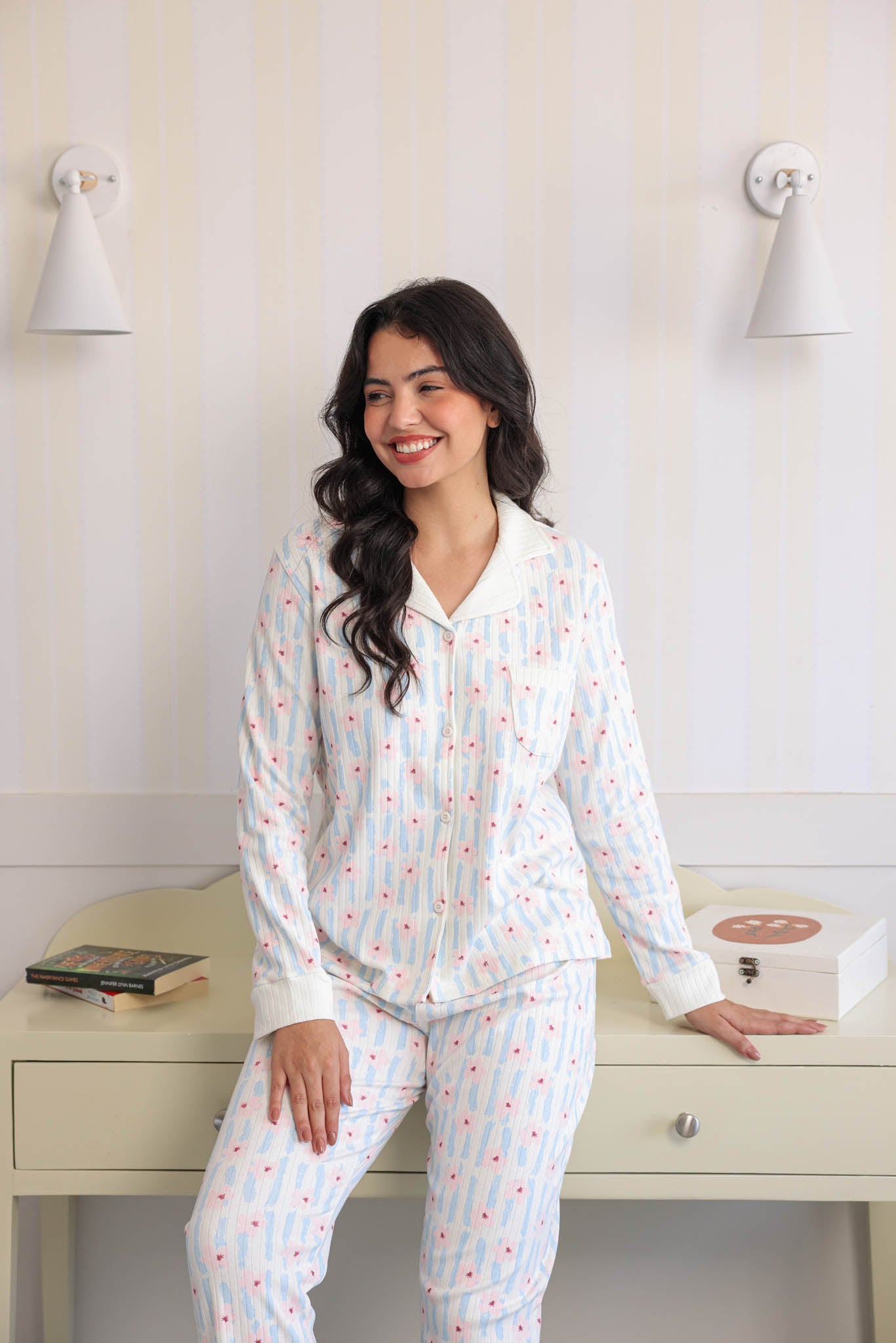 بيجاما انترلوك مطبوع روتاري كلاسيك بزراير