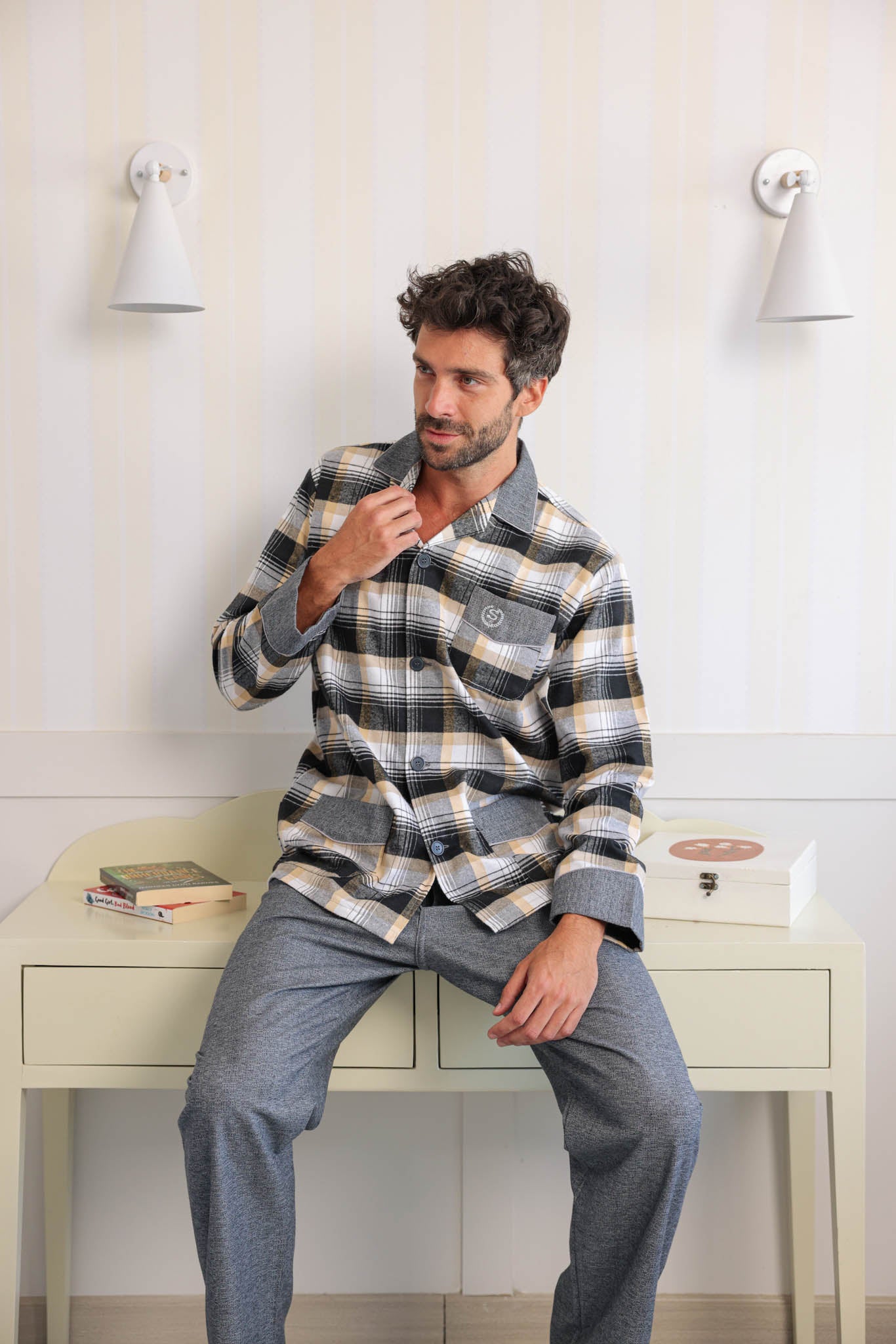 بيجاما كلاسيك رجالي صوف كاروهات بنطلون ساده