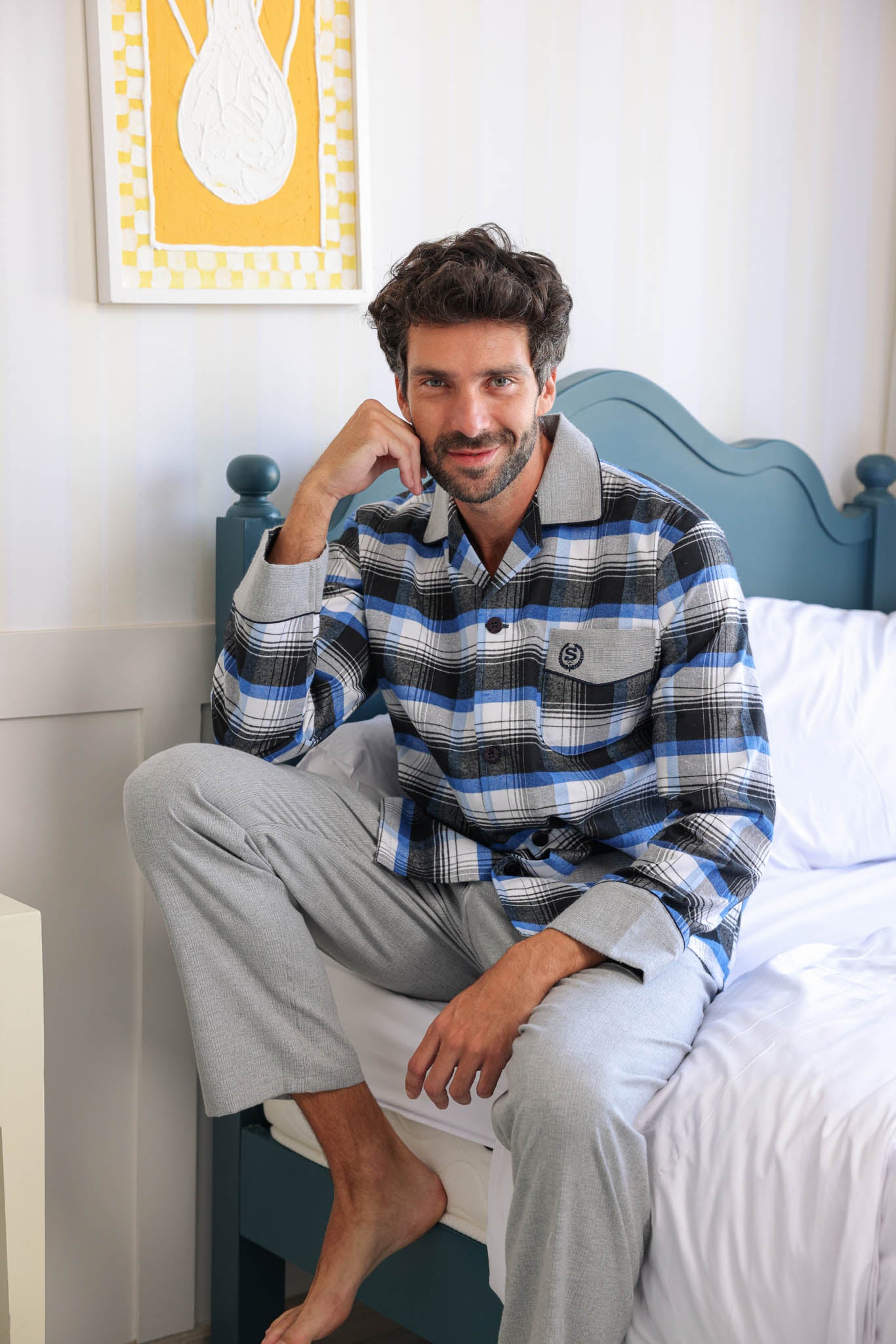 بيجاما كلاسيك رجالي صوف كاروهات بنطلون ساده