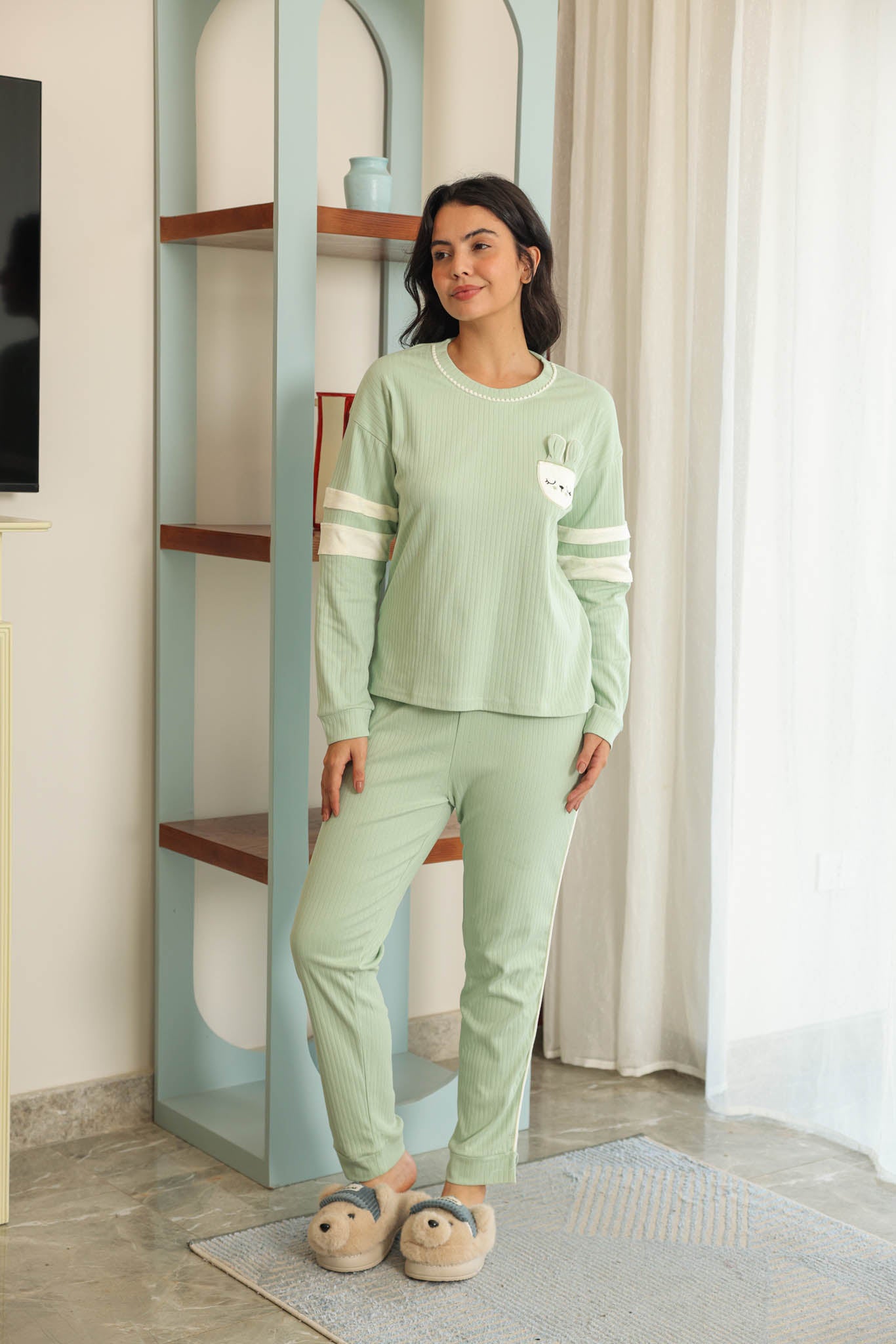 بيجاما حريمي انترلوك  تطريز علي الصدر