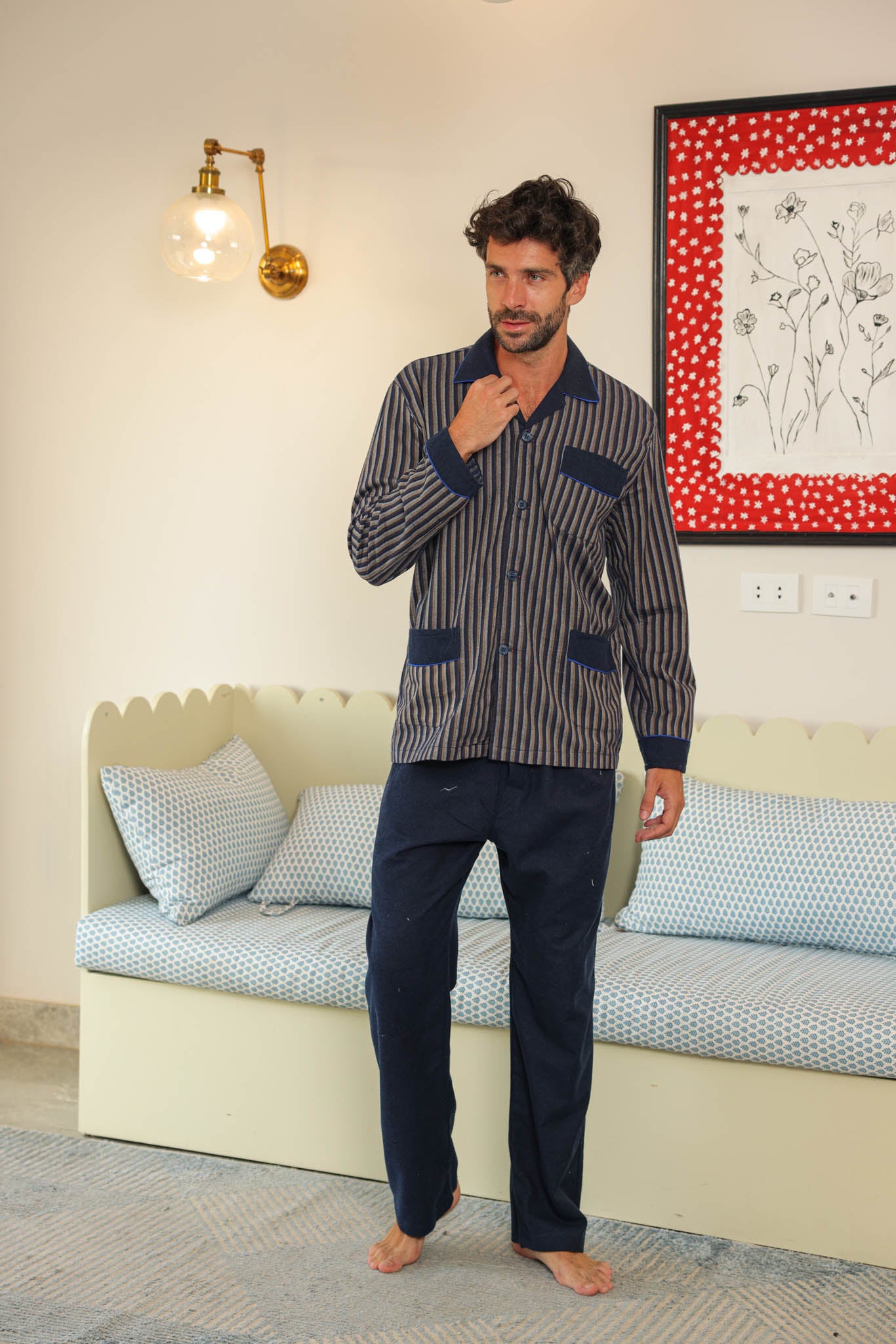 بيجاما كلاسيك رجالي توب مقلم بنطلون ساده