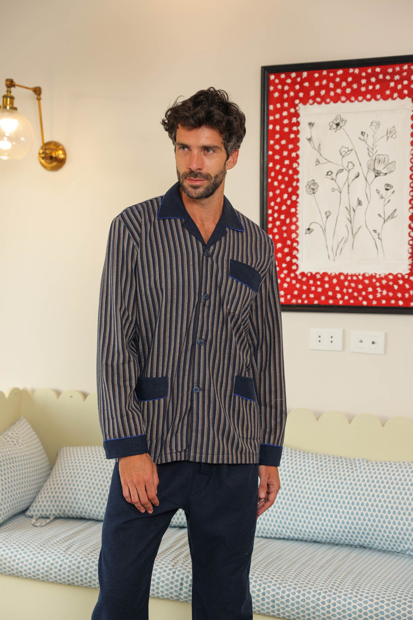 بيجاما كلاسيك رجالي توب مقلم بنطلون ساده