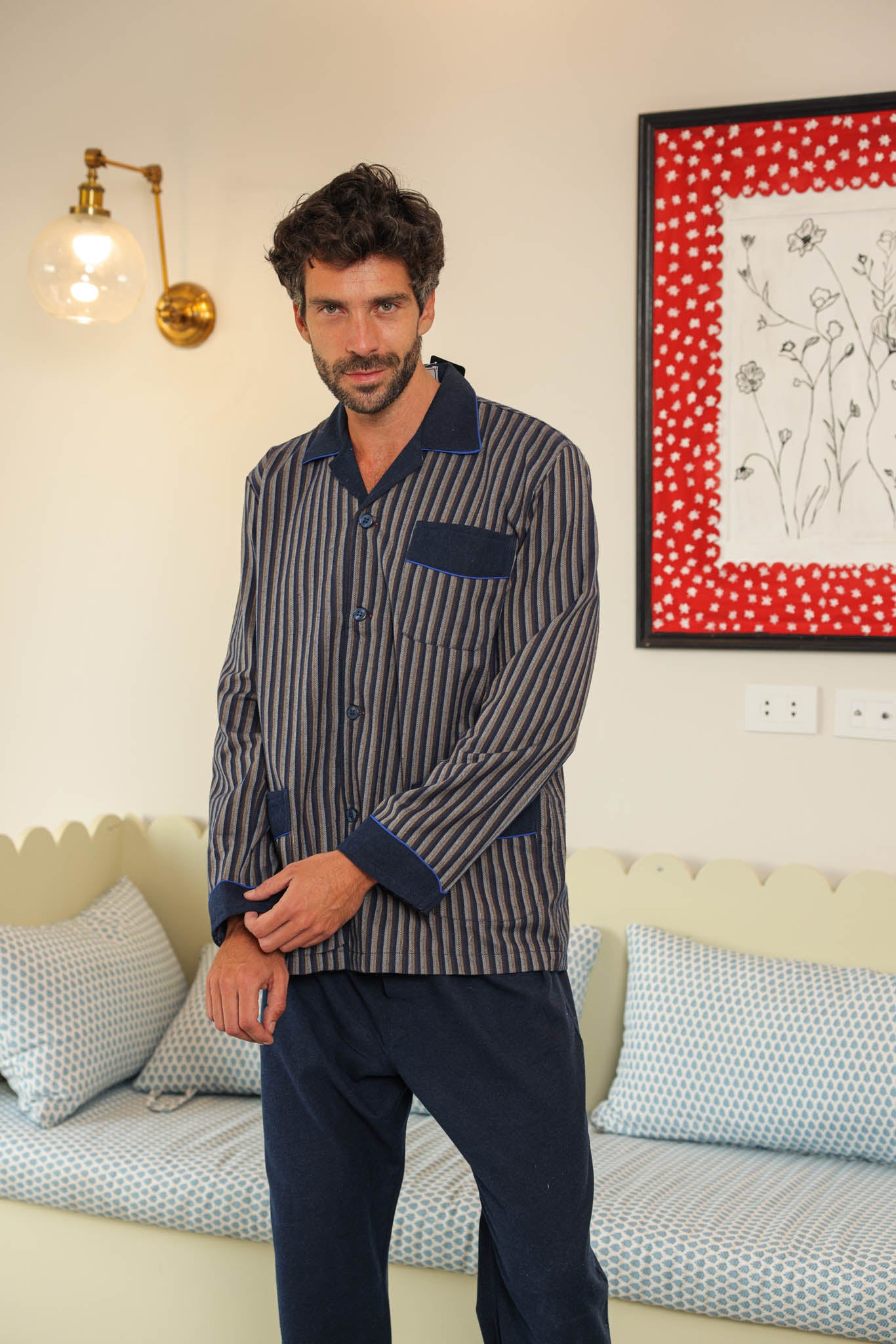 بيجاما كلاسيك رجالي توب مقلم بنطلون ساده