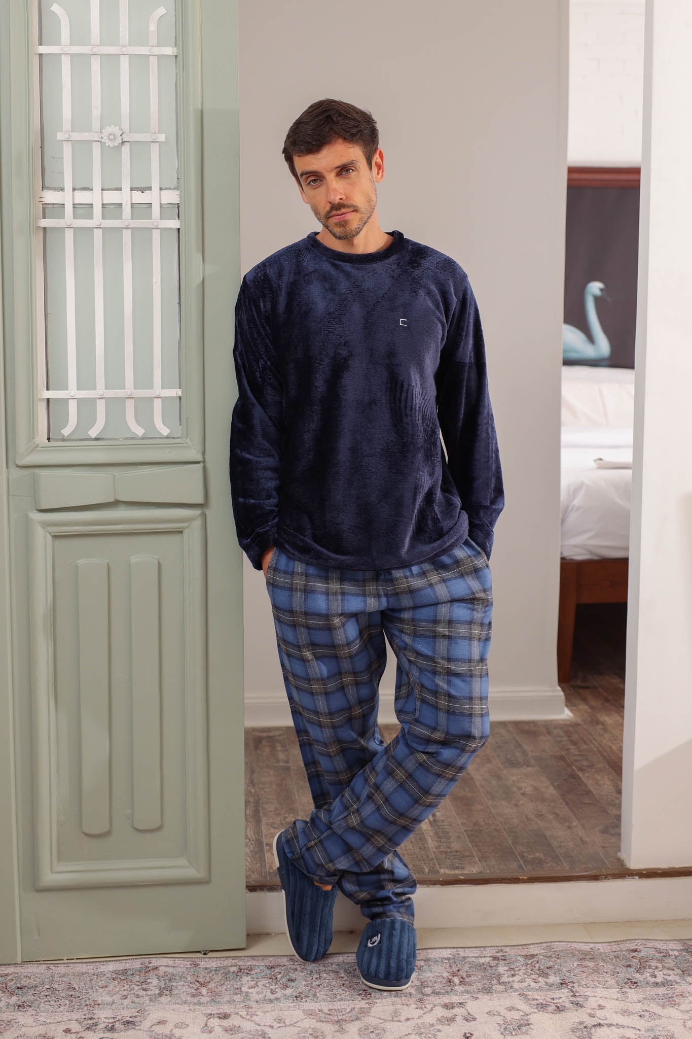 بيجاما بولار بنطلون صوف كاروهات