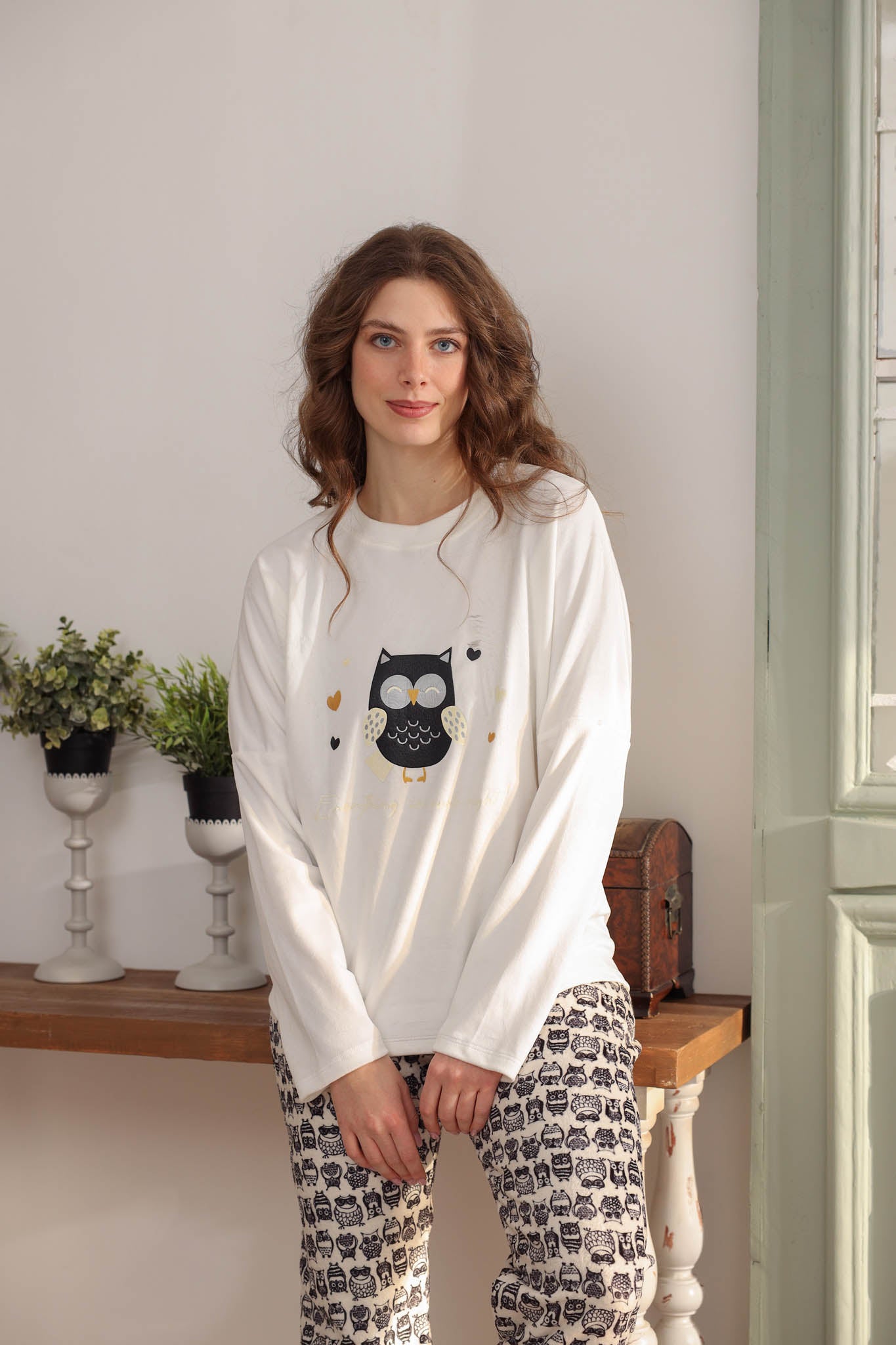 بيجاما توب ساده مطبوع بومه بنطلون روتاري