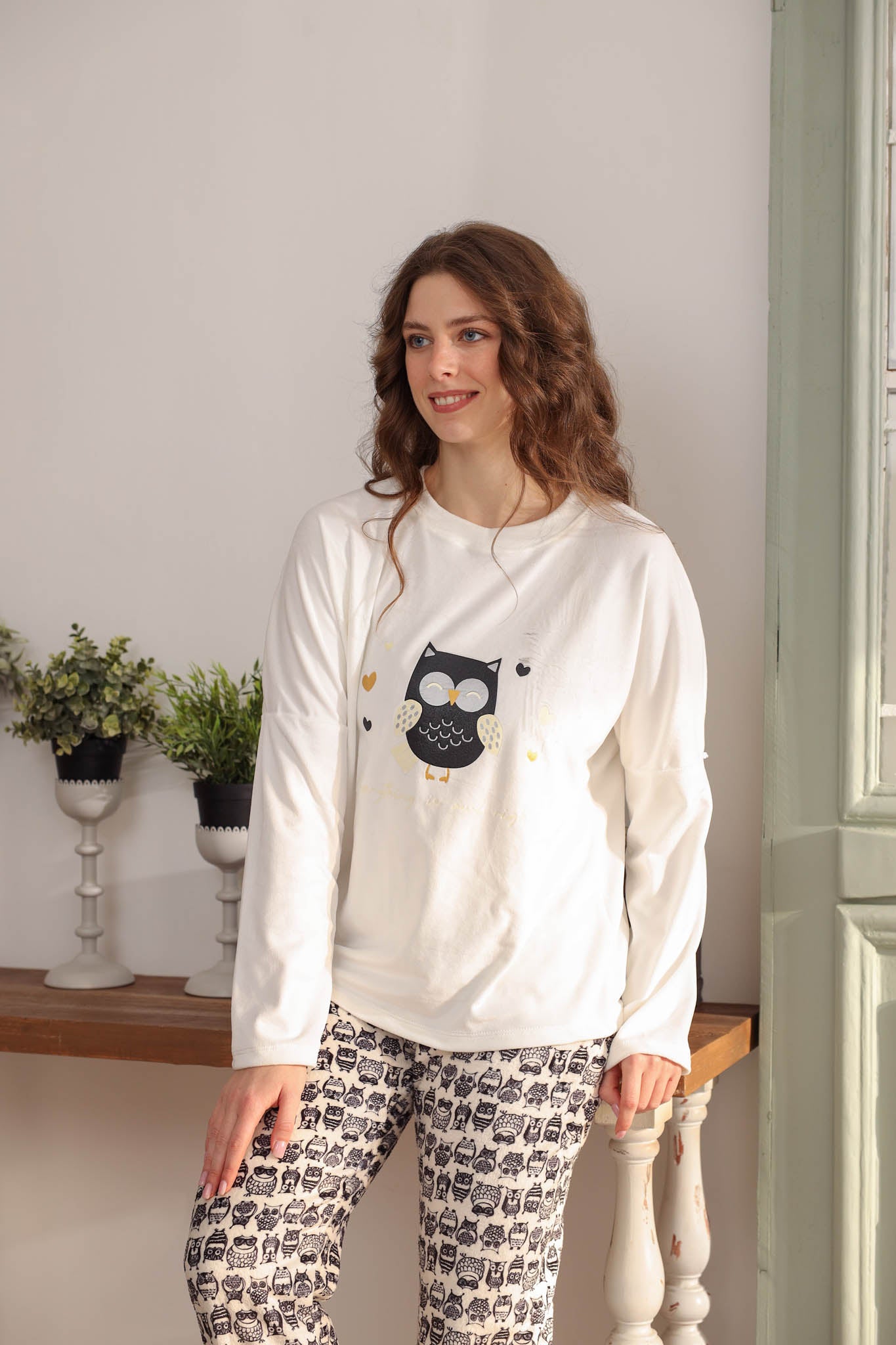 بيجاما توب ساده مطبوع بومه بنطلون روتاري