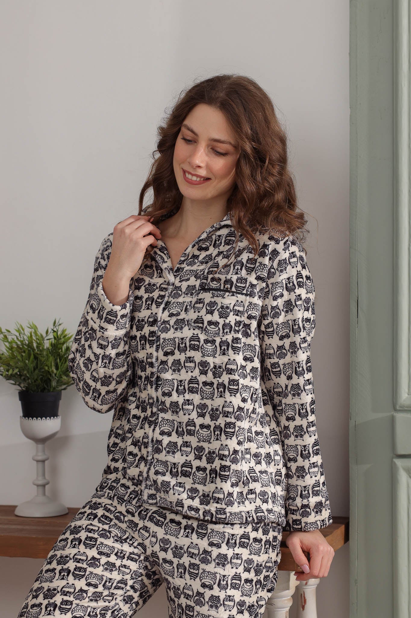 بيجاما بولار كلاسيك بزراير مطبوع روتاري