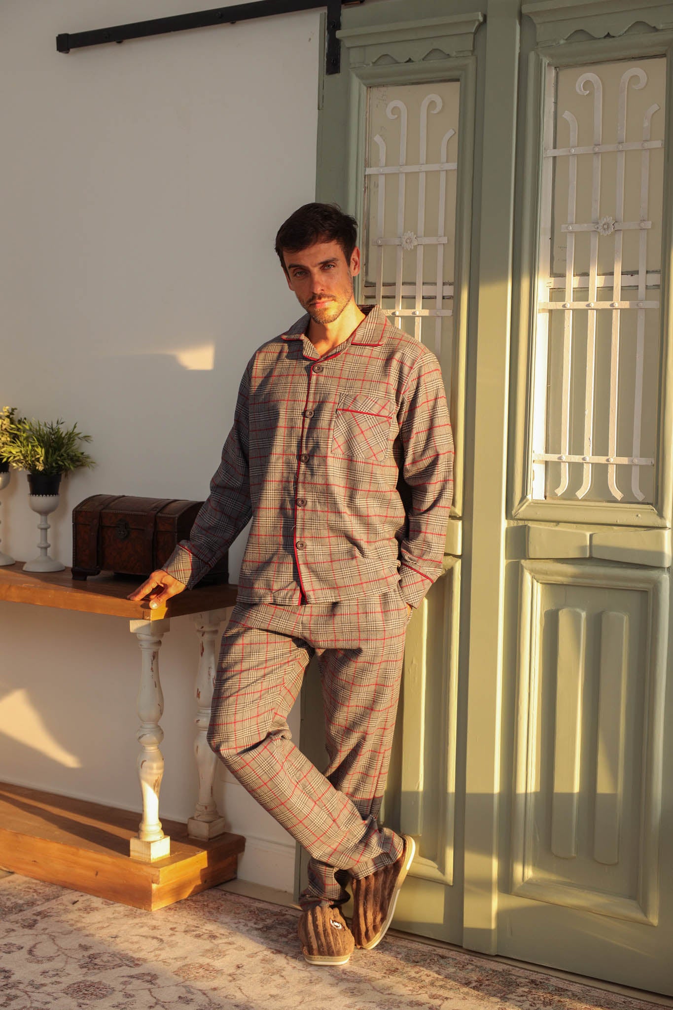 بيجاما كلاسيك بزراير كاروهات بنطلون كاروه