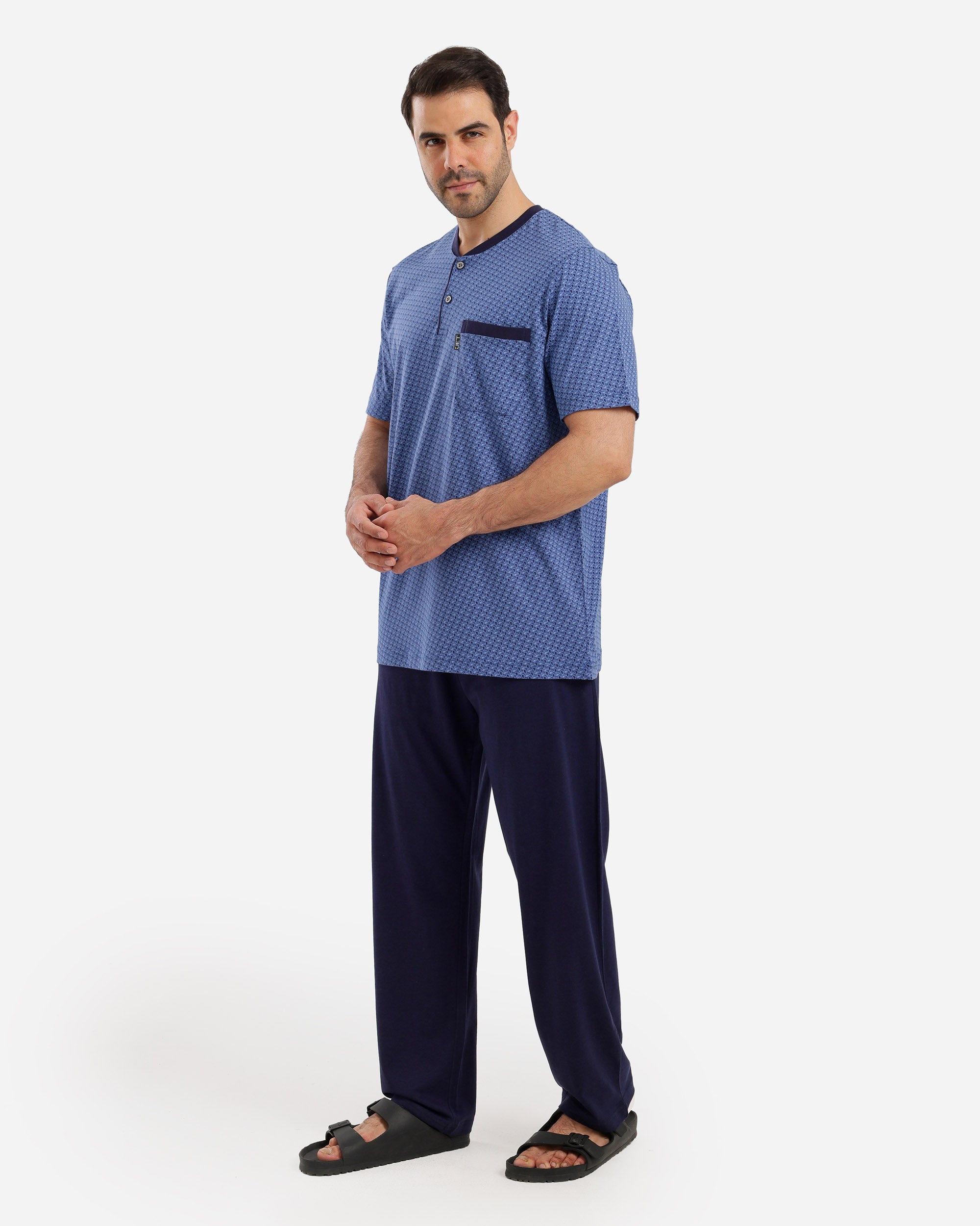 بيجاما نص كم مصبوغ مطبوع بنطلون ساده