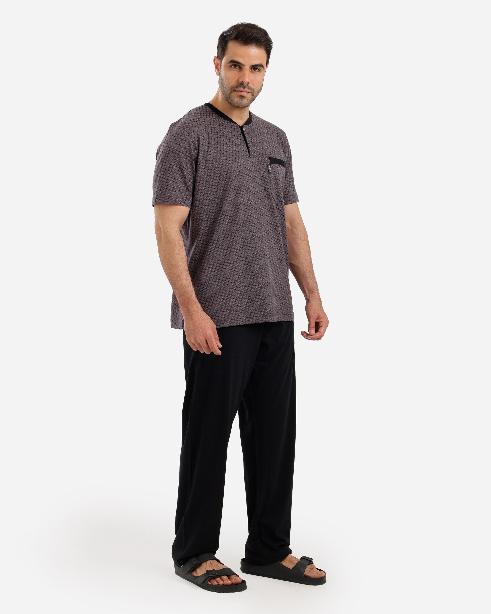 بيجاما نص كم مصبوغ مطبوع بنطلون ساده