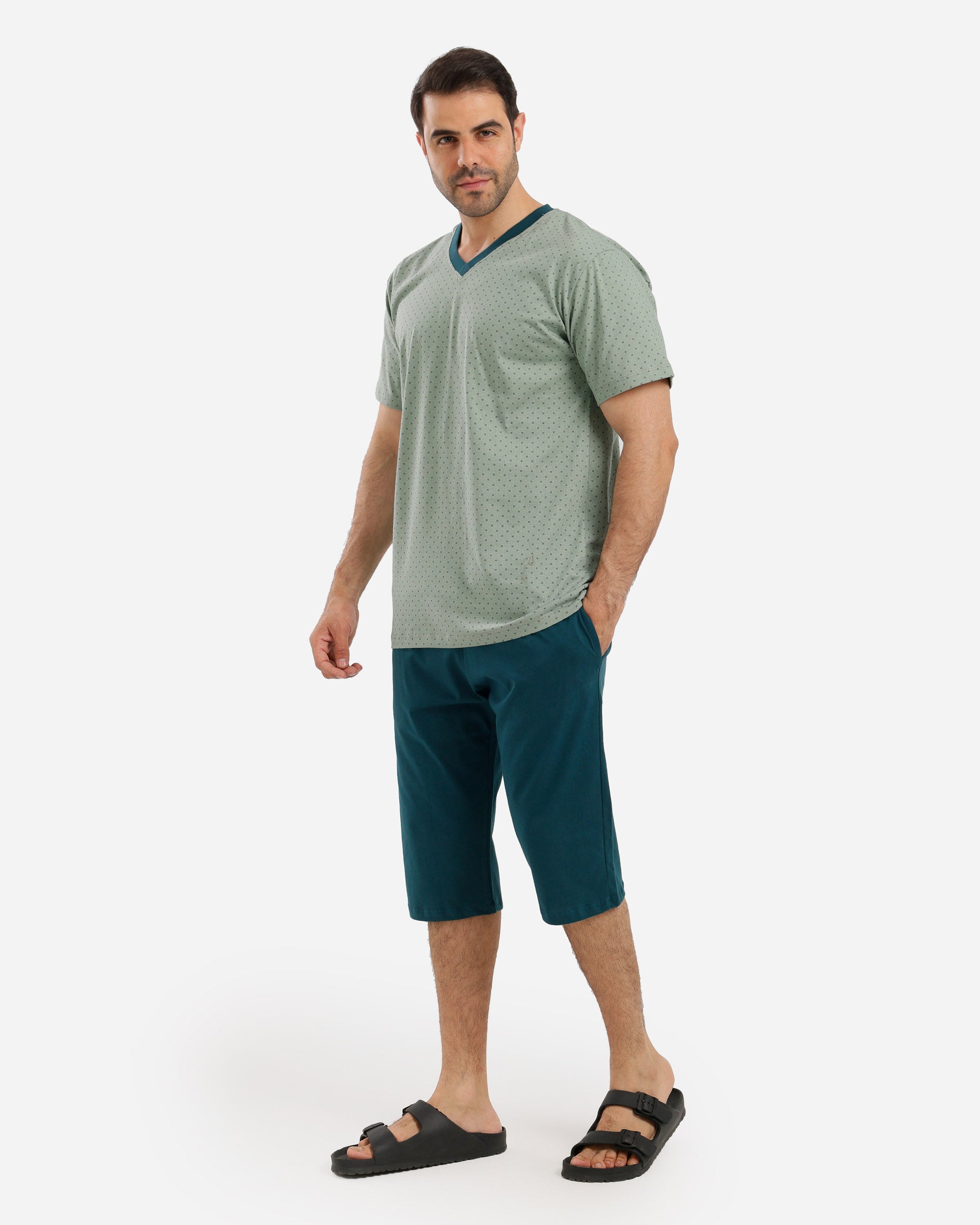 بيجاما نص كم مطبوع شورت طويل ساده