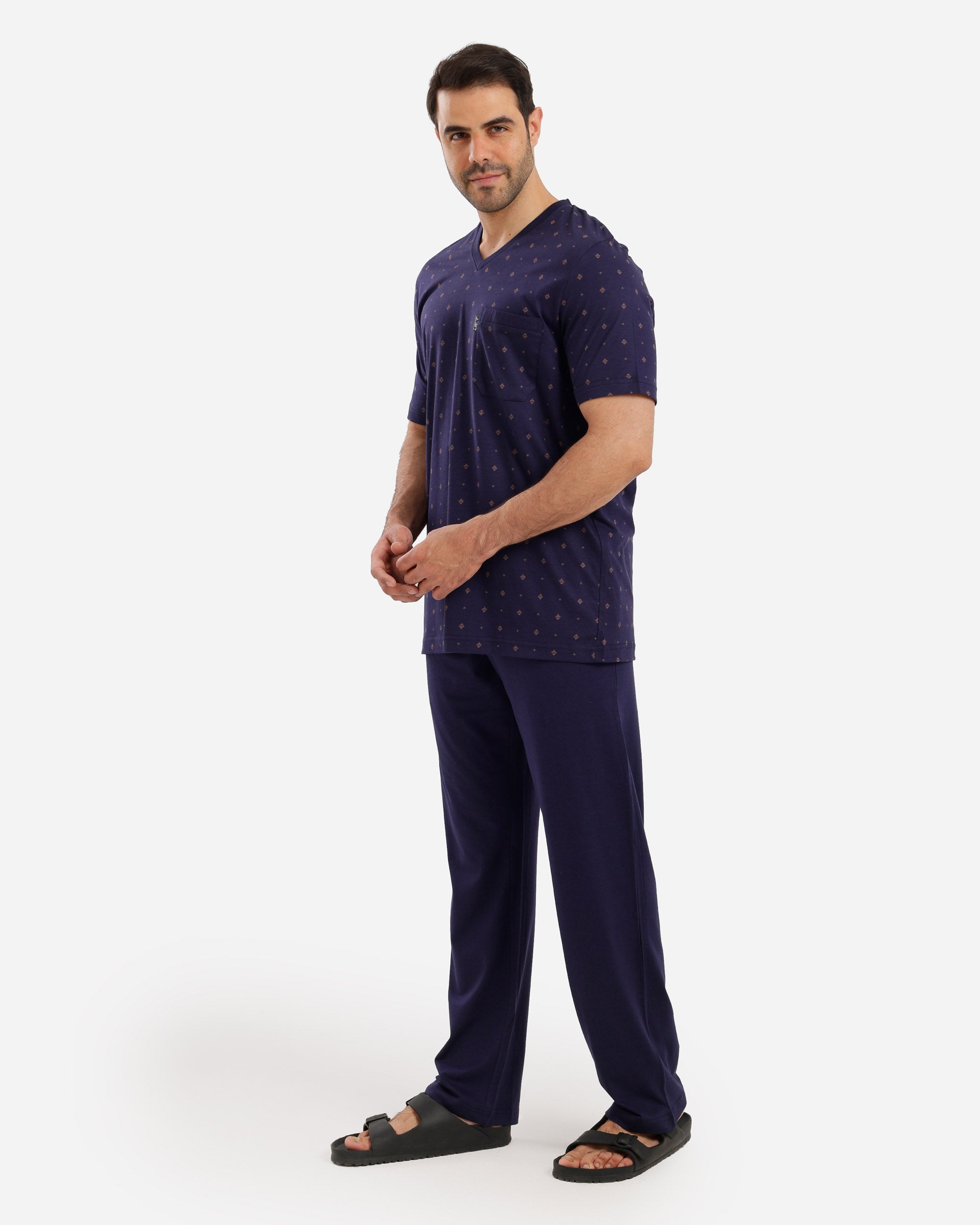 بيجاما نص كم مصبوع مطبوع بنطلون ساده