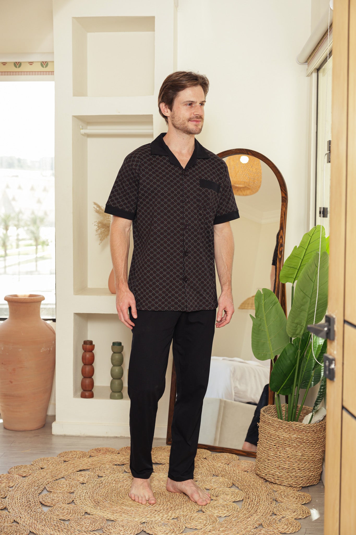 بيجاما كلاسيك بزراير مطبوع بنطلون ساده