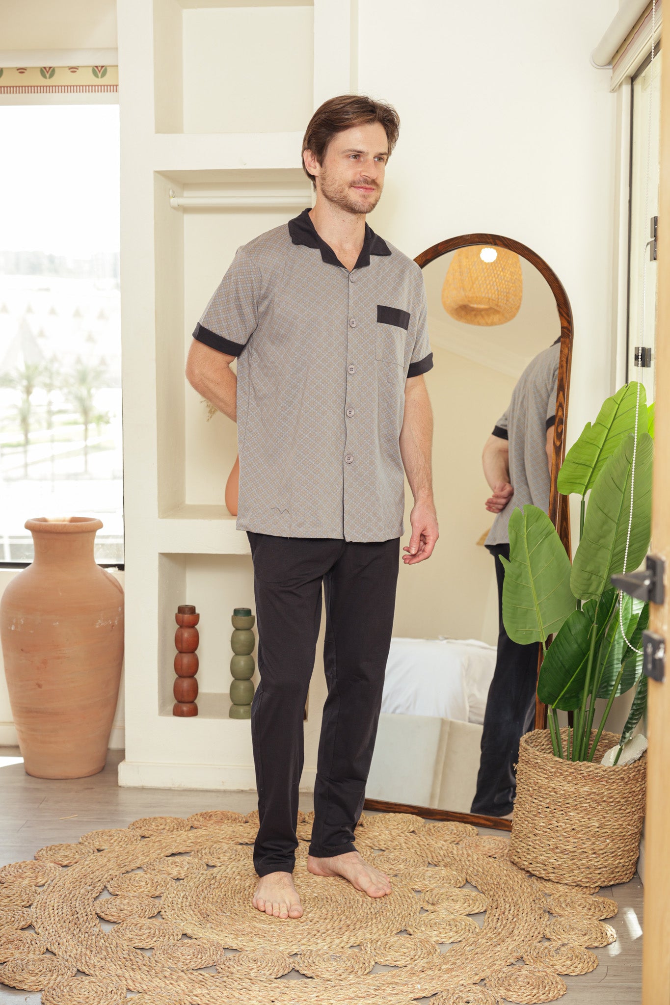 بيجاما كلاسيك بزراير مطبوع بنطلون ساده