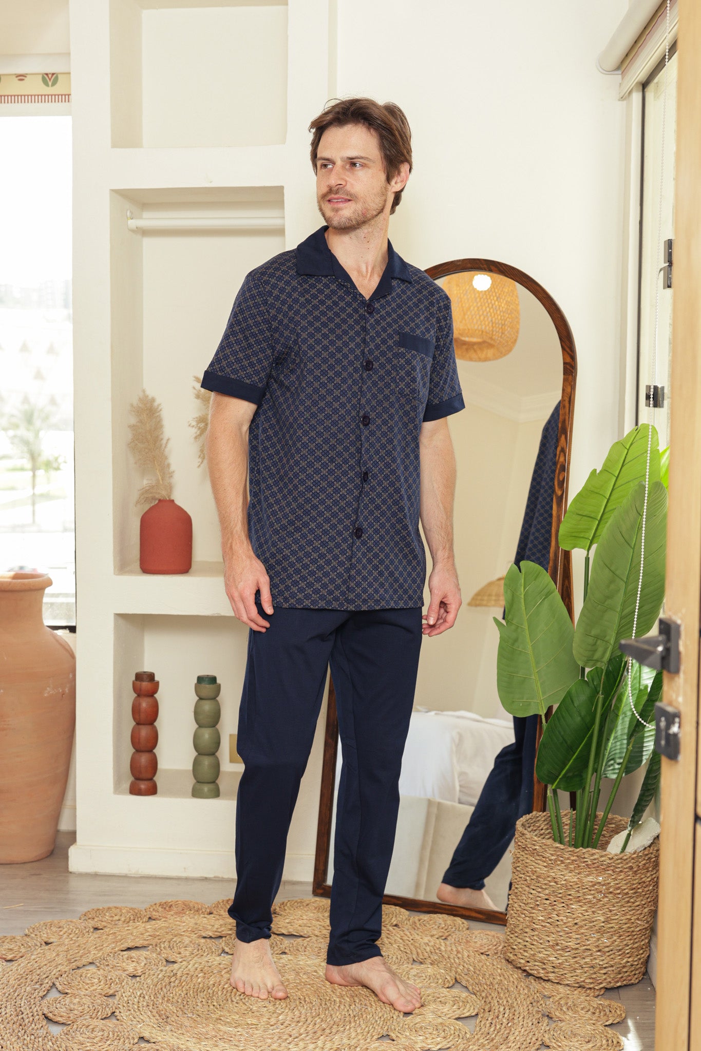 بيجاما كلاسيك بزراير مطبوع بنطلون ساده